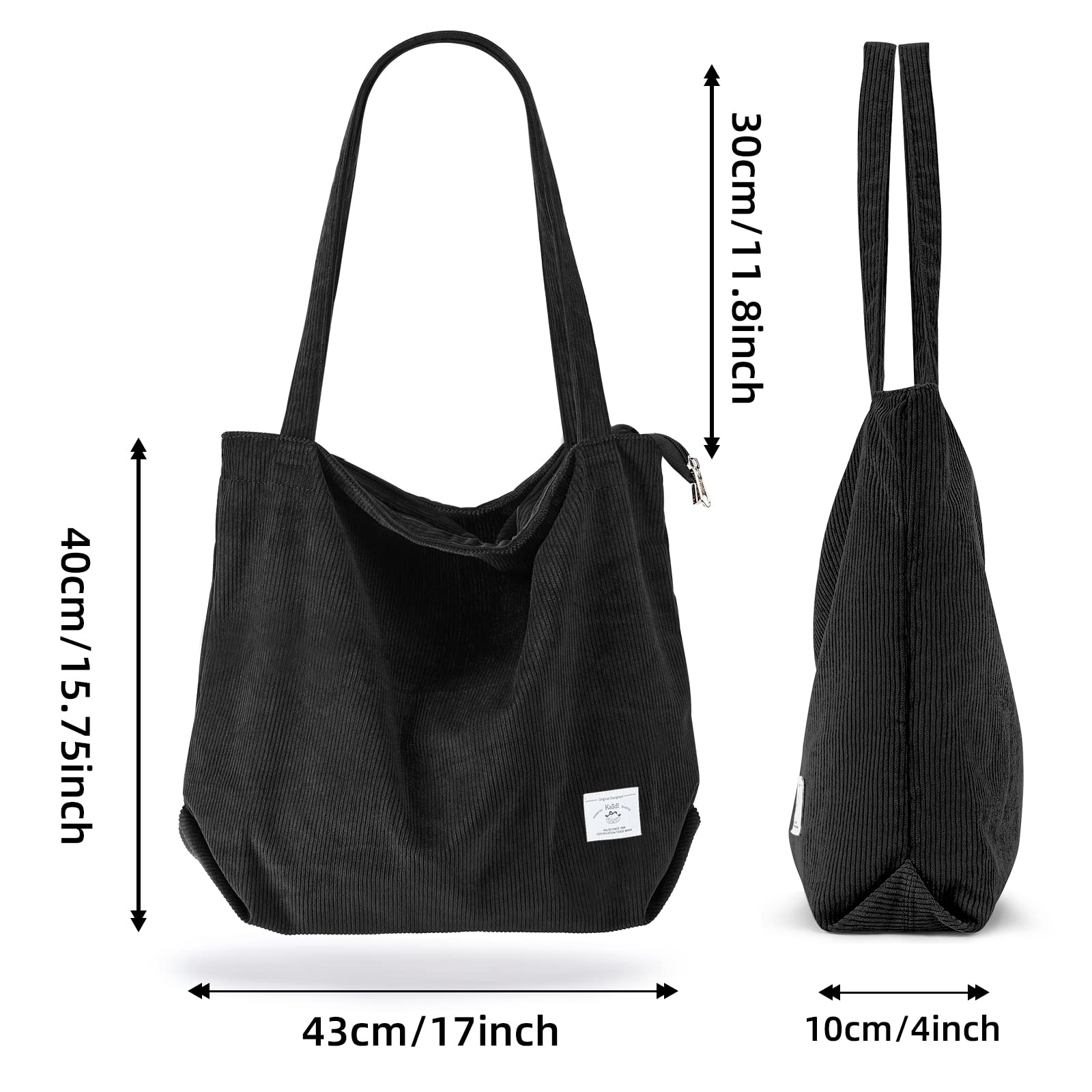 KALIDI Women's Corduroy Tote Bag - Large Capacity Zippered Shoulder Bag with Pockets for Work & Travel