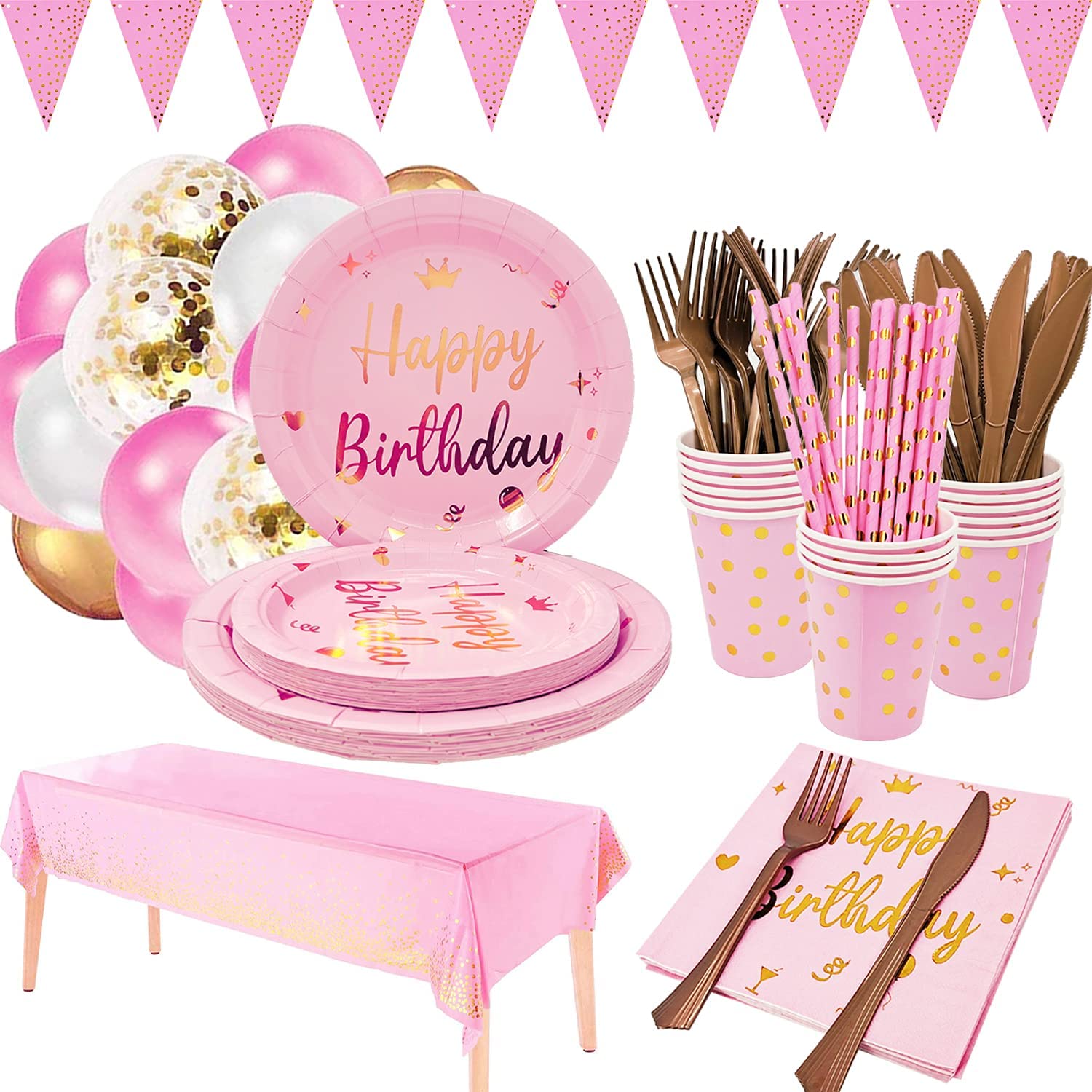 Pink Birthday Party Plates Set - 16-Piece Disposable Paper Plates, Cups & Napkins for Girls & Women's Birthday Decorations - Perfect for Baby Showers, Bridal Showers & Themed Parties (Pink)