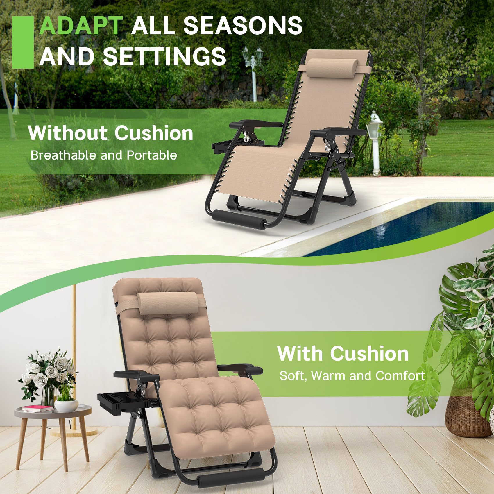 ZENPETIO 29In XL Zero Gravity Lounge Chair with Cushion - Heavy Duty 440LBS Capacity Reclining Chair for Indoor, Outdoor, Patio, Lawn & Camping - Includes Cup Holder & Footrest - Perfect for Relaxing, Sunbathing & Backyard Lounging