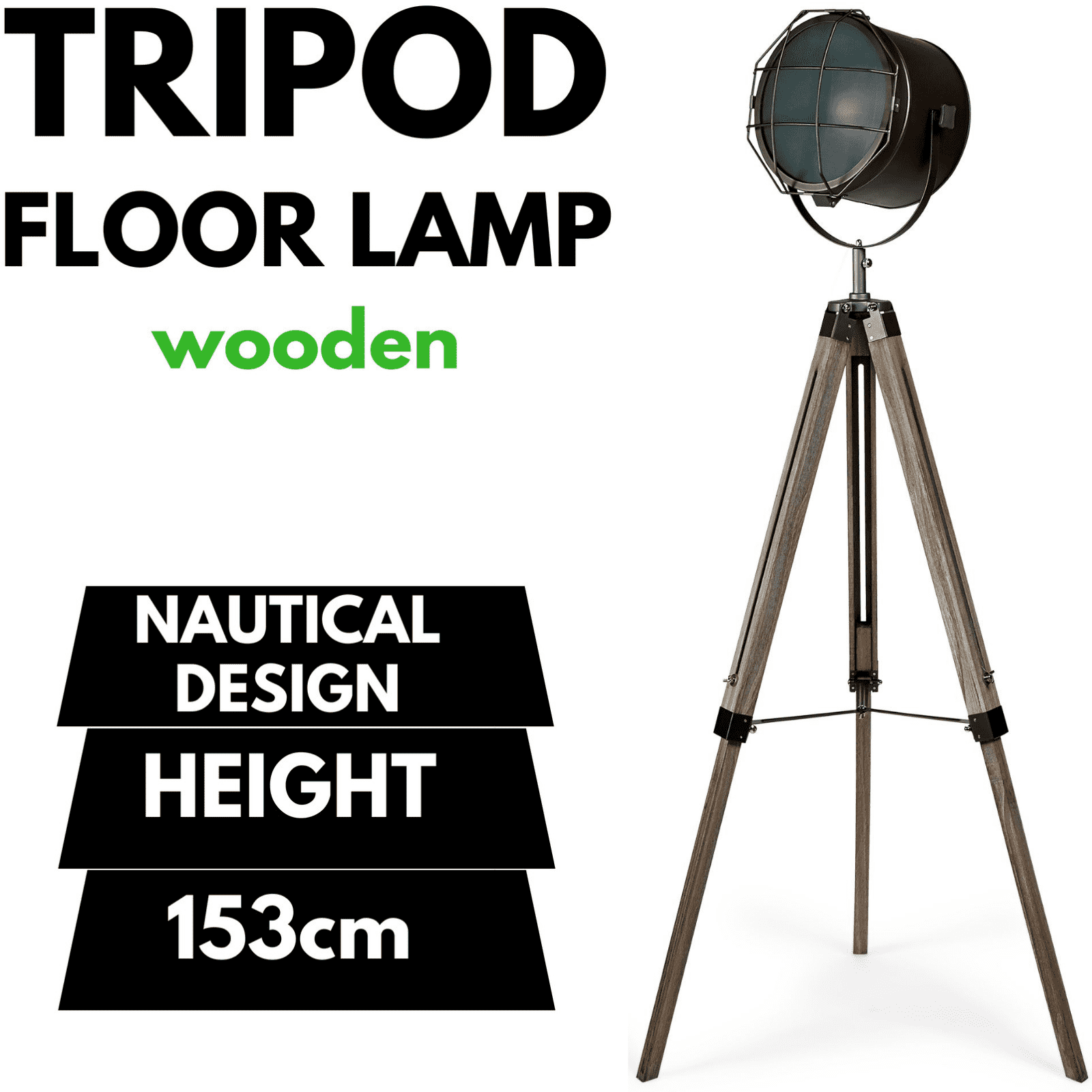 153cm Nautical Tripod Floor Lamp with Matte Grey Head - Adjustable Spotlight for Living Room, Bedroom, or Office Lighting Decor
