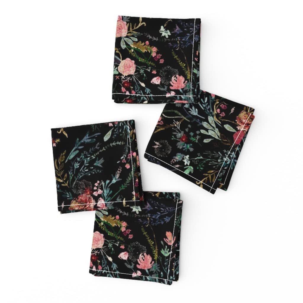Fable Floral Black Flowers Garden Spring Rose Dark Fern Wildflowers Print Cloth Cocktail Napkins - Set of 4 Premium Linen Cotton Canvas Drink Napkins for Parties, Weddings & Home Decor