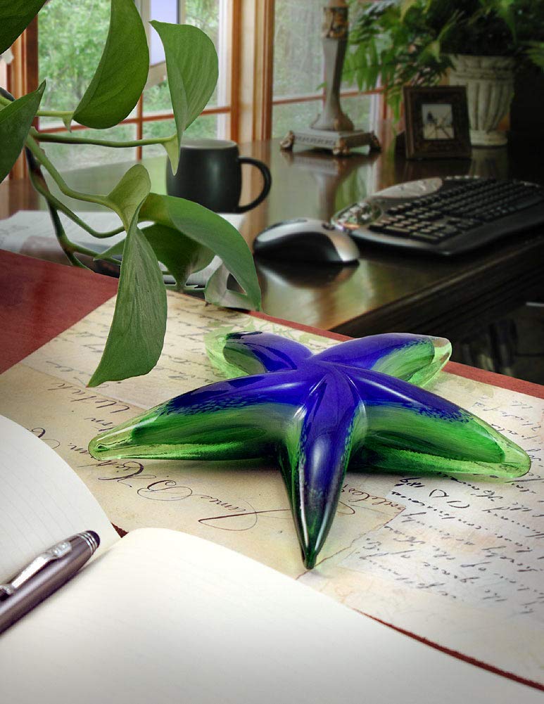 Handmade Blue-Green Blown Glass Starfish Paperweight Sculpture | 6-Inch Artisan Craft | Perfect for Home Decor, Office Desk, or Gift Idea