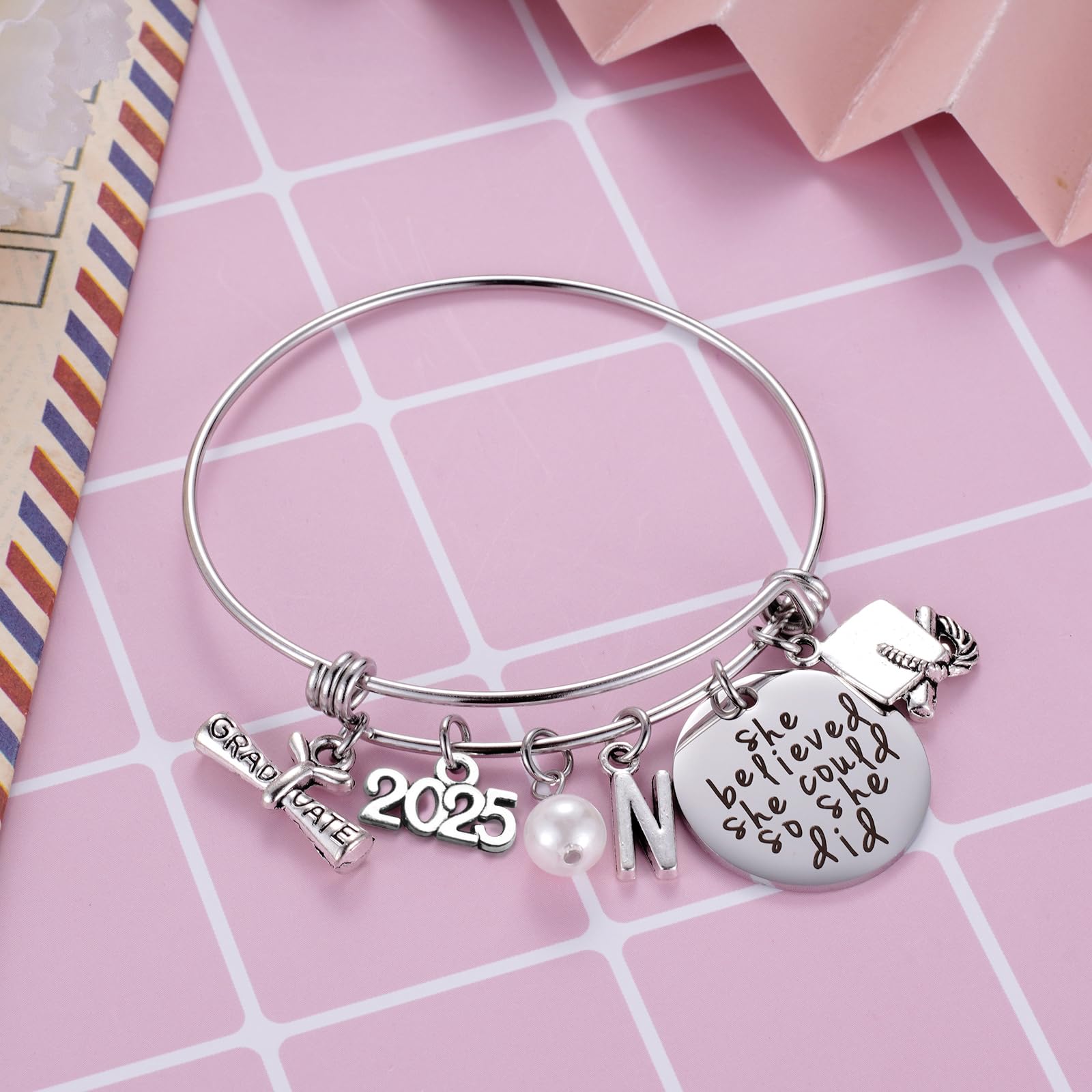 Ukodnus Class of 2025 Graduation Bracelet - Personalized 26 Initial Charm Bracelet for High School & College Seniors - Inspirational Gift for Her - Perfect for Graduation Ceremonies, Senior Week & Milestone Celebrations
