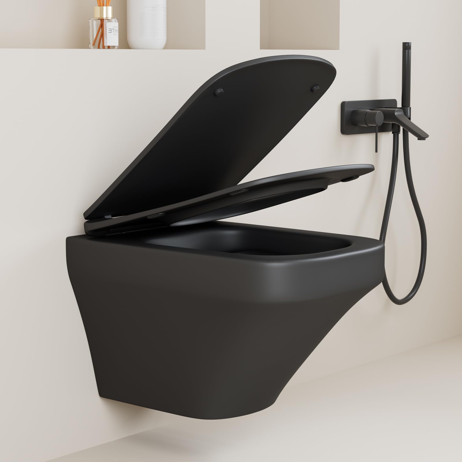 Simple Project One Piece Elongated Square Wall Mount Toilet in Matte Black - Space-Saving Wall Hung Toilet Bowl with Soft-Close Seat for Modern Bathrooms | Perfect for Small Bathrooms, Luxury Homes & Commercial Spaces