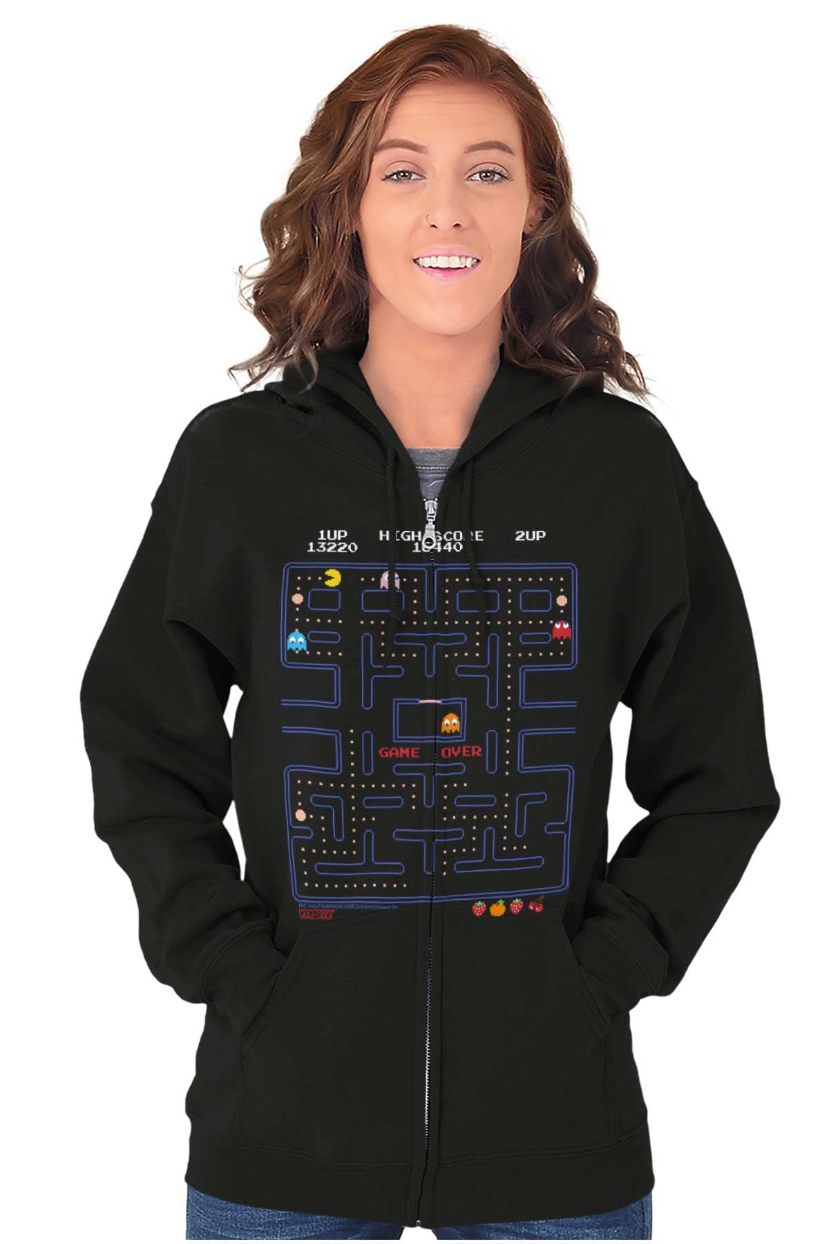 Brisco Brands PACMAN Game Over Retro Video Gaming Zip Up Hoodie for Men & Women - Casual Wear, Cosplay, and Gaming Enthusiasts