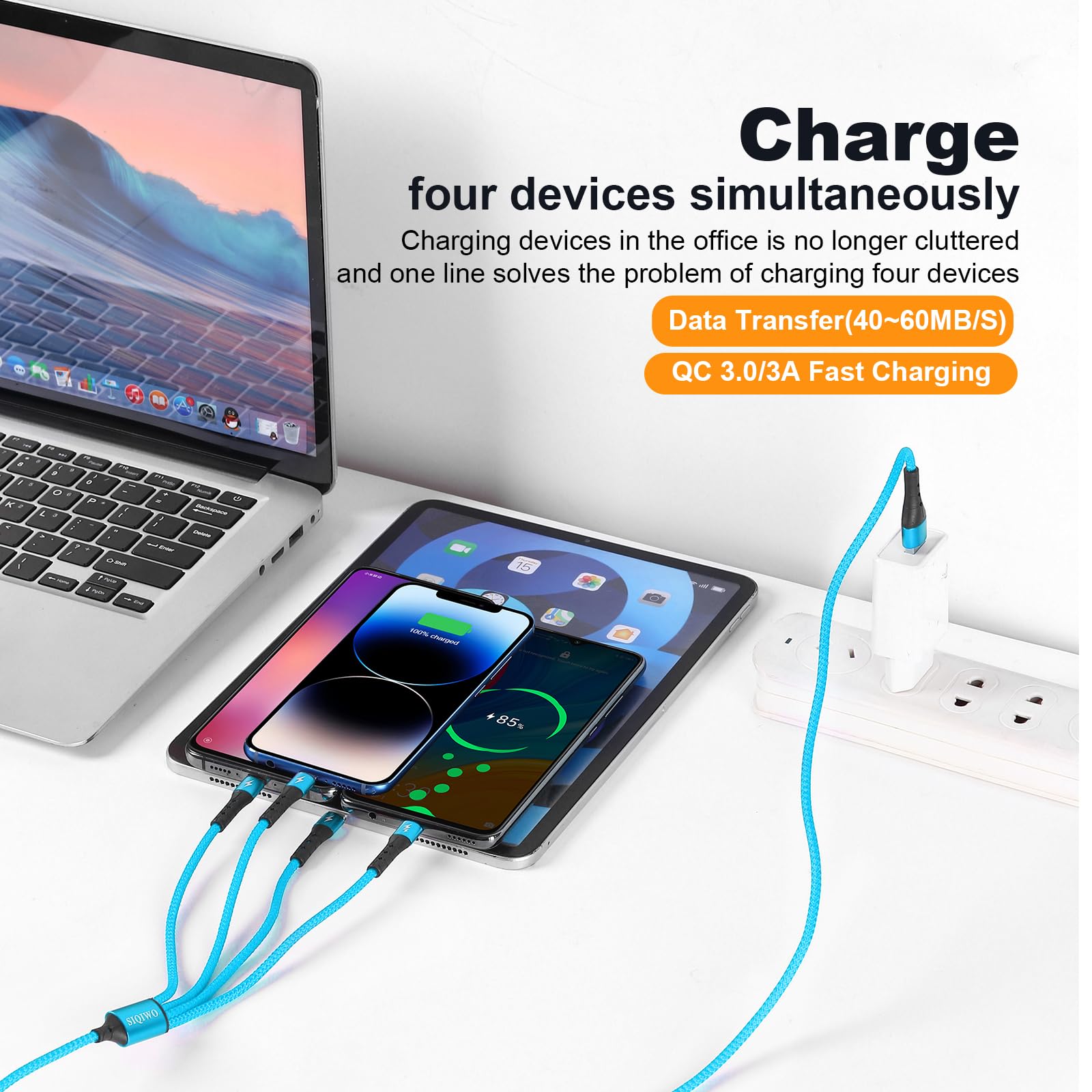 SIQIWO 4-in-1 Multi USB C Fast Charging Cable [2 Pack, 4FT] - QC 3.0 (3A) USB C Splitter with 4 Type C Ports - Compatible with iPhone 16/15 Series, iPad Air/Pro, Samsung Galaxy S24/S23, Google Pixel, PS5 - Perfect for Home, Office & Travel Charging Multiple Devices Simultaneously