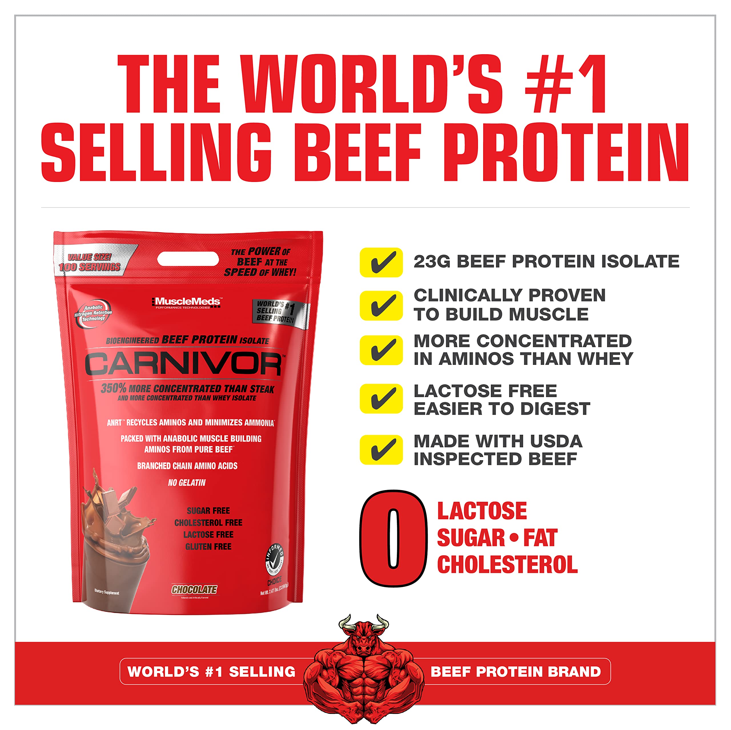 MuscleMeds Carnivor Beef Protein Isolate Powder - Chocolate Flavor, 7.47 lbs (3.39 kg) - High Protein, Low Carb, Gluten Free for Muscle Growth & Recovery - Ideal for Bodybuilding, Fitness & Post-Workout Nutrition