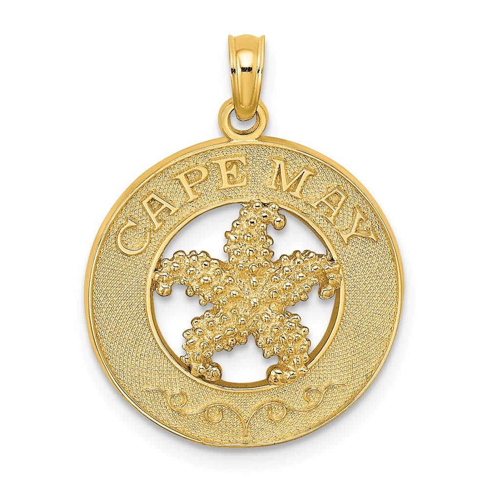 14K Yellow Gold Starfish Pendant Necklace - Round Frame Cape May Jewelry (0.95 x 0.75 Inch) - Perfect for Beach Vacations, Summer Outfits & Gift Giving