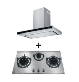 Ellane EH 2880 90cm Touch Control Stainless Steel Range Hood with Ellane EB 338SV 76cm 3-Burner Stainless Steel Gas Cooktop - Perfect for Modern Kitchen Ventilation and Cooking
