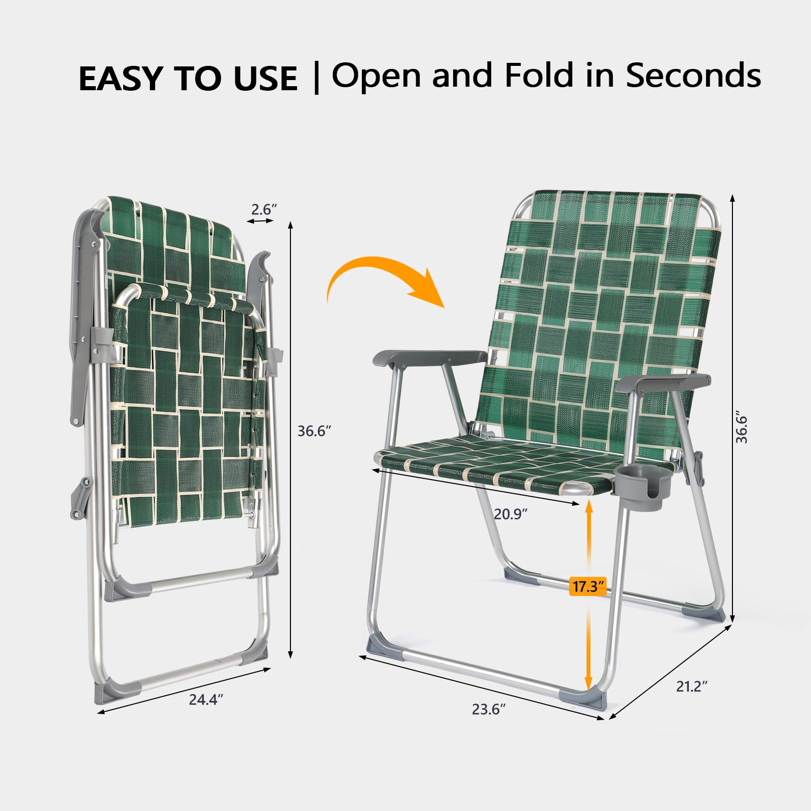VINGLI Heavy Duty Folding Lawn Chairs 2 Pack - 300 LBS Capacity Oversized Webbed Beach Chairs with Detachable Cup Holder, Portable Aluminum Patio Chairs for Yard, Garden, Camping & Outdoor Relaxation - Dark Green