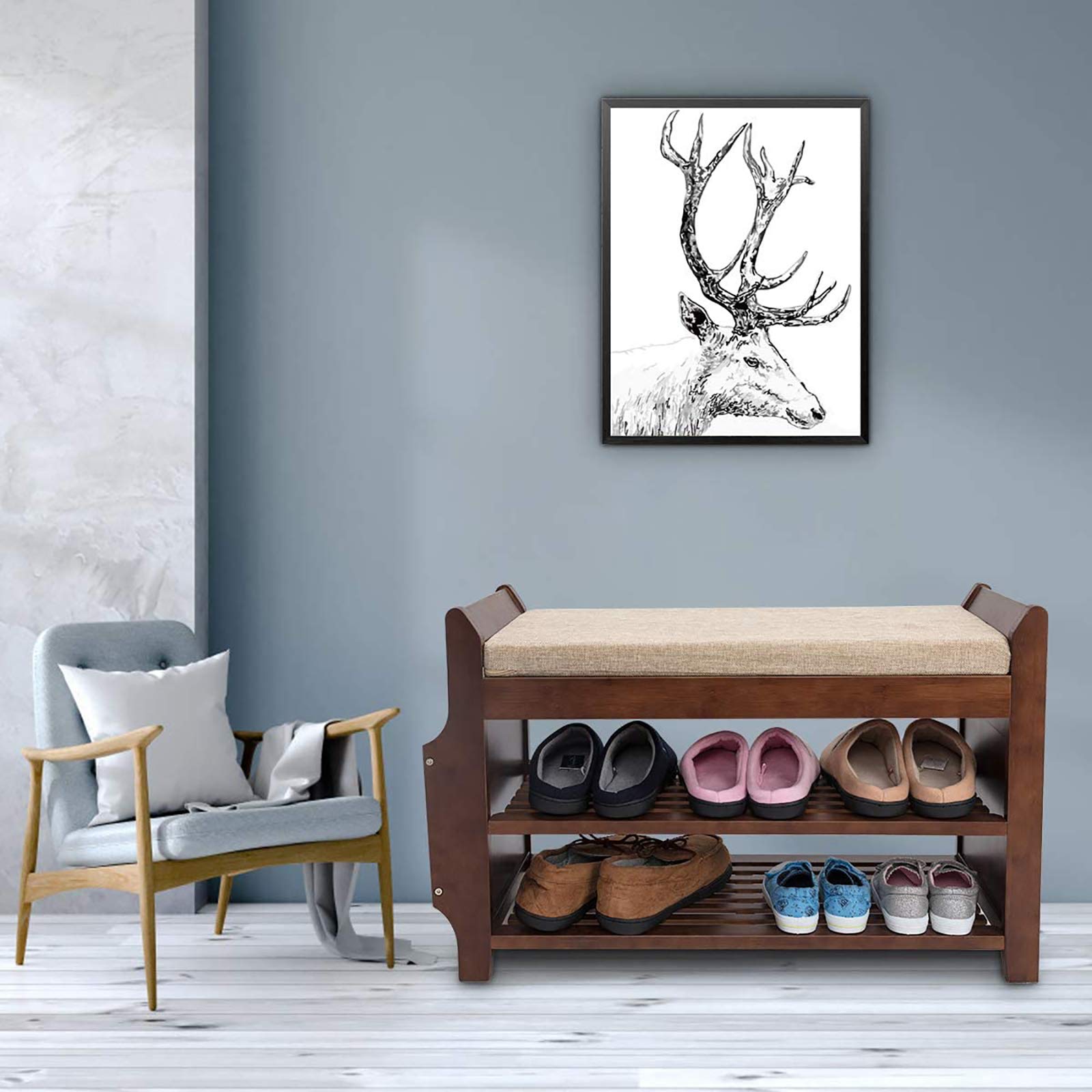 2-Tier Bamboo Shoe Bench with Removable Cushion & Hidden Drawer - Entryway Shoe Storage Organizer with Umbrella Stand - Perfect for Living Room, Bedroom & Bathroom Organization