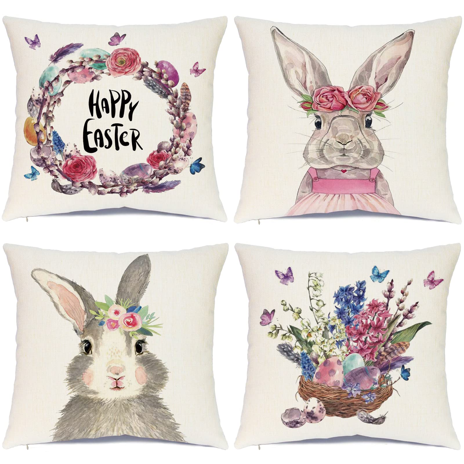 Easter Bunny Pillow Covers Set of 4 - 18x18 Inch Cotton Linen Square Throw Pillow Cases with Zipper Closure - Rabbit and Easter Egg Design for Spring Home Decor, Couch, Sofa, Bedroom, Living Room