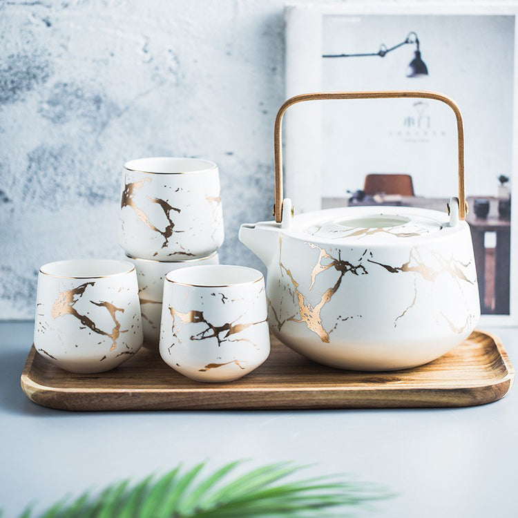 Elegant Stone Stripes Modern Tea Set - Ceramic Tea Pot with Cups - Perfect for Afternoon Tea, Gifts & Home Decor