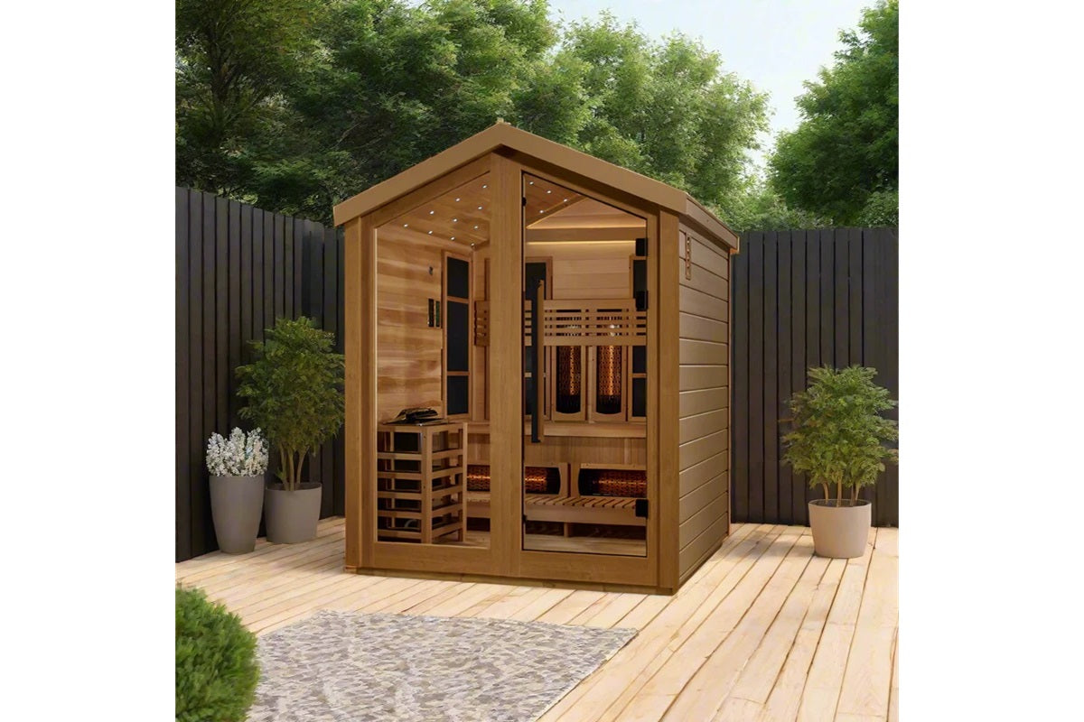 Golden Designs Loviisa 3-Person Hybrid Full Spectrum Infrared Outdoor Sauna for Relaxation & Detox - Perfect for Backyards, Patios & Wellness Retreats