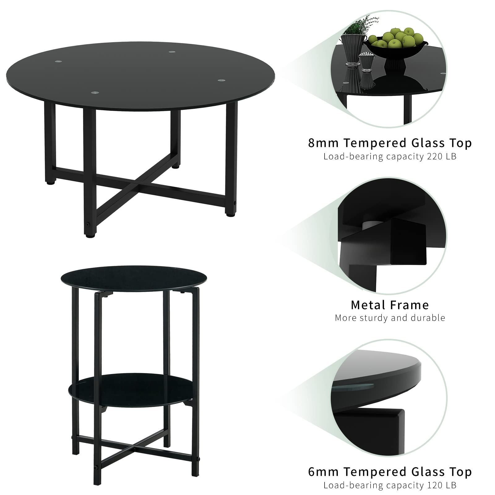 Modern 3-Piece Black Glass Coffee Table Set with Metal Frame - Round Tempered Glass Coffee Table & End Tables for Living Room - Stylish & Durable Home Furniture Set (Perfect for Small Spaces, Apartments & Cozy Living Rooms)