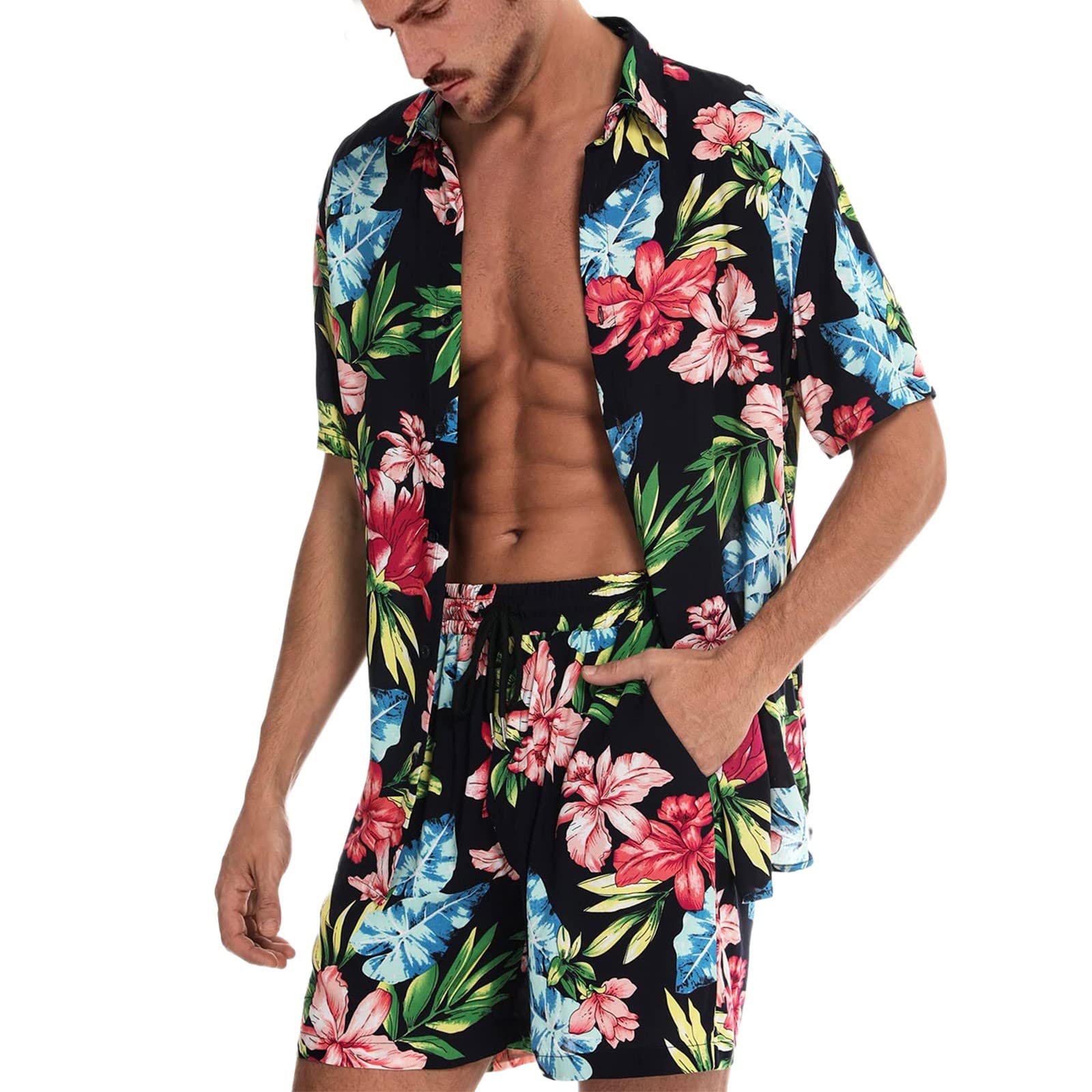 Men's Casual Floral Hawaiian Beach Set - Tropical Button Down Linen Jacket for Spring & Summer | Perfect for Vacations, Pool Parties & Outdoor Adventures