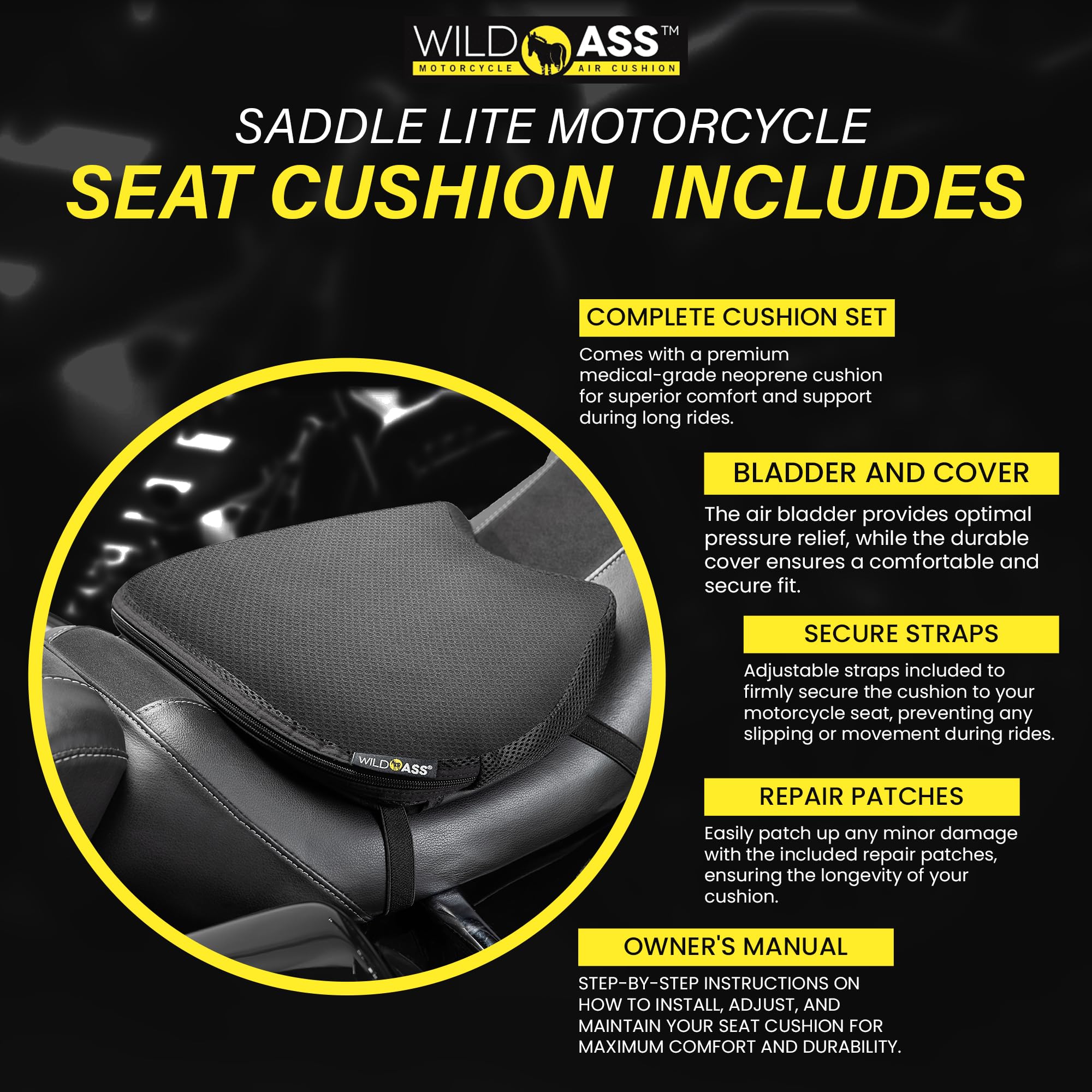 Motorcycle Air Gel Seat Cushion - Universal Ergonomic Adjustable Airflow Pad with Straps for Long Rides - Black | Comfortable Riding Gear for Cruisers, Touring Bikes & Commuters