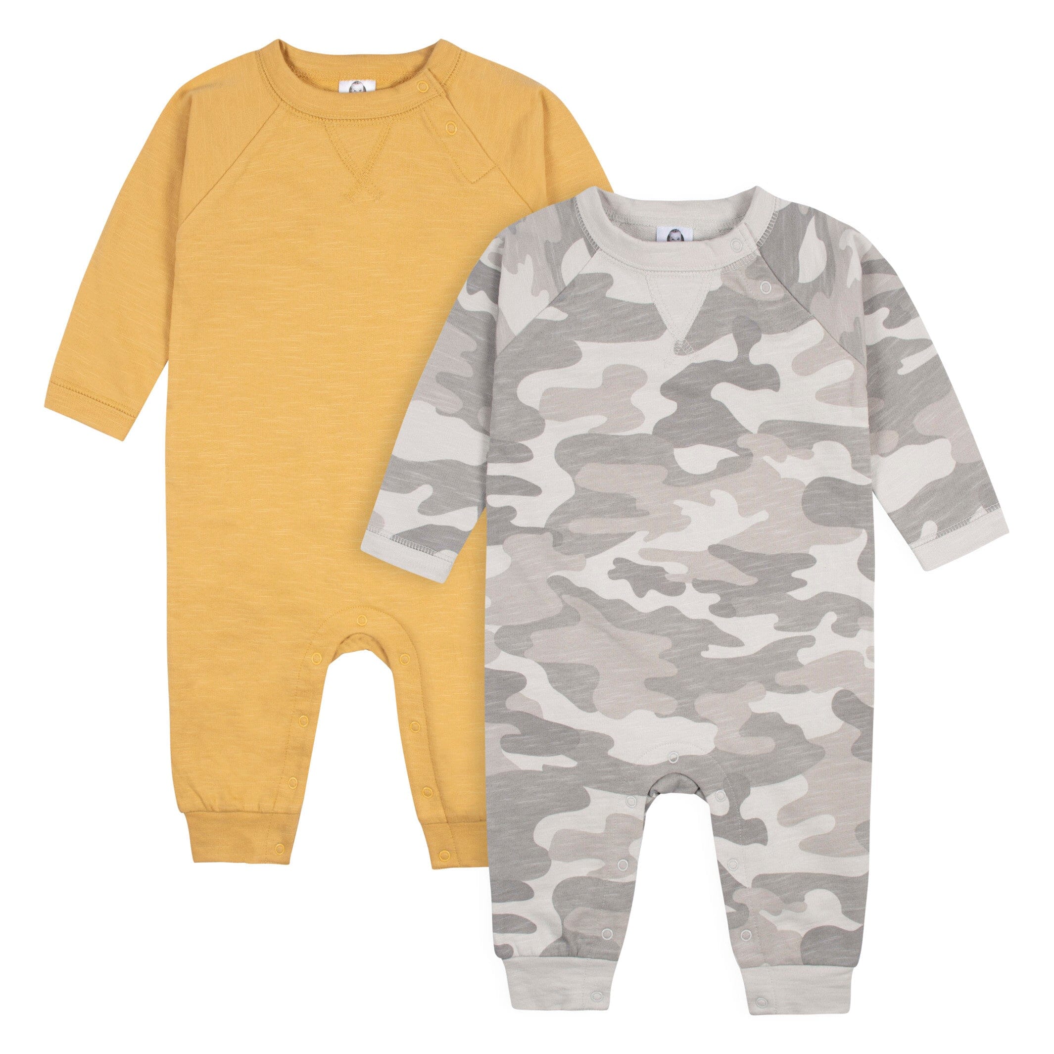 2 Pack Baby Boys Gray Camo & Yellow Raglan Sleeve Romper - Soft Cotton Jumpsuit for Newborns & Infants - Perfect for Playtime, Photo Shoots & Everyday Wear