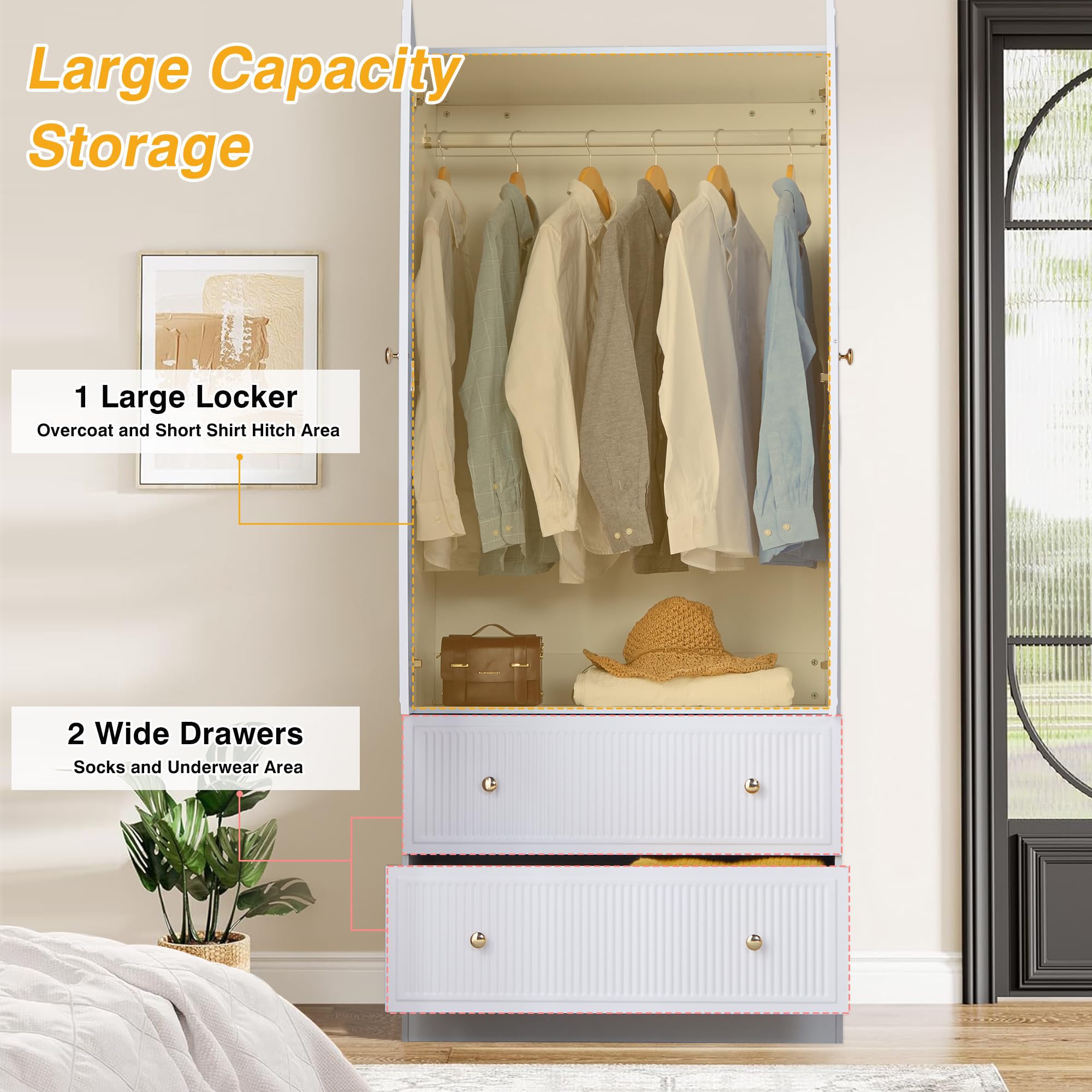ORRD 2-Door Freestanding Armoire Wardrobe Closet - Large Capacity Wooden Storage Cabinet with 2 Drawers for Bedroom (White) | Perfect for Organizing Clothes, Shoes & Accessories in Small Spaces