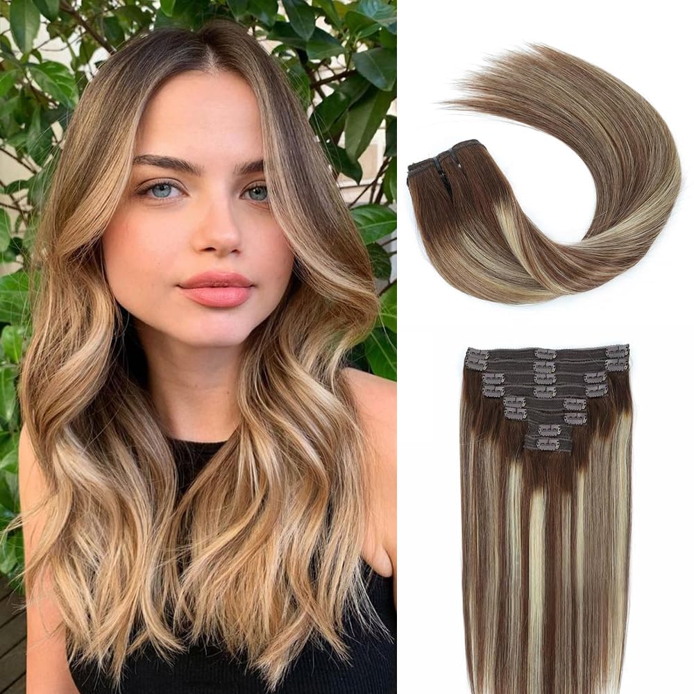 120g Remy Human Hair Clip-in Extensions - Balayage Chocolate Brown & Blonde Mix - 8pcs (4/613, 22inch) - Natural Look for Daily Wear, Parties & Special Occasions