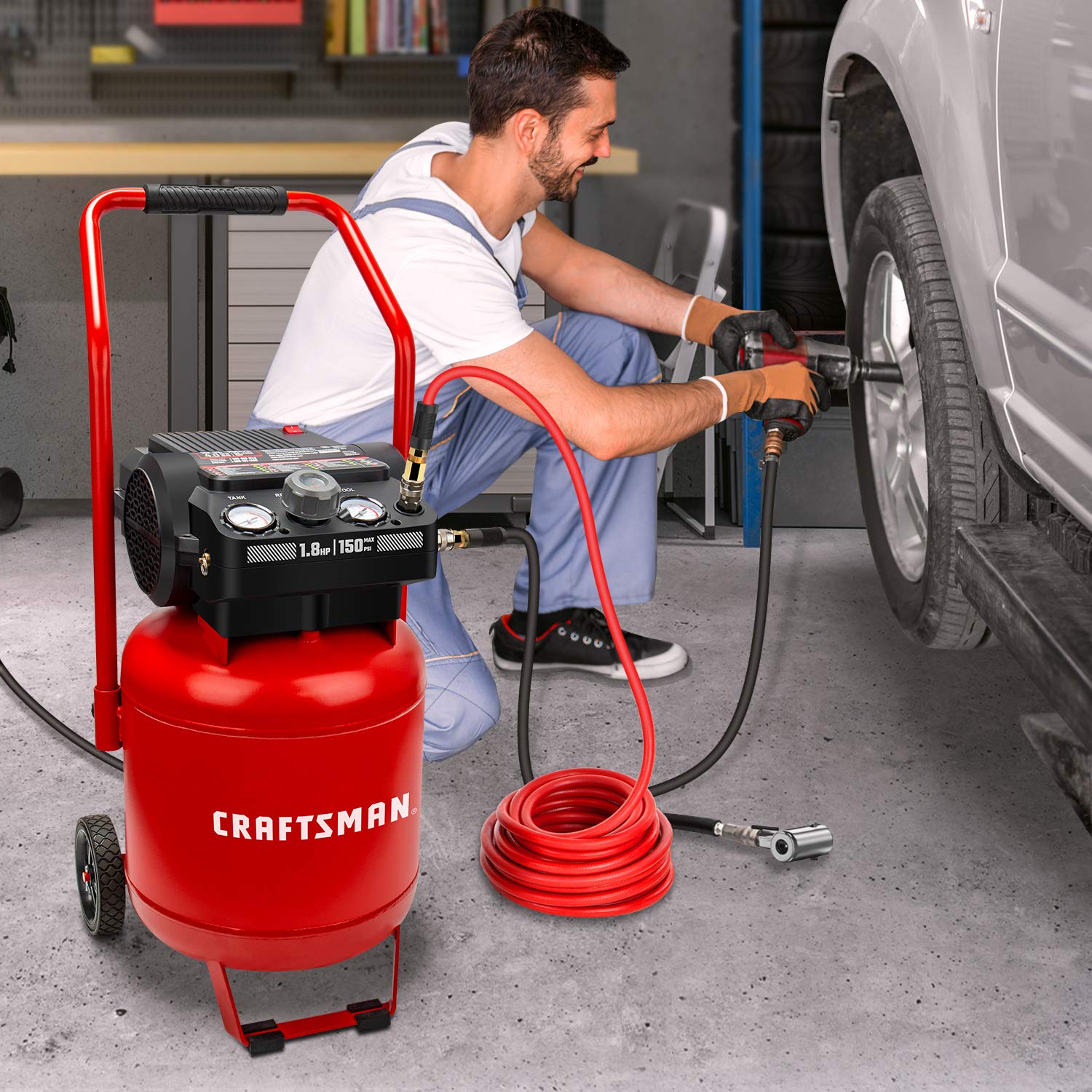 Craftsman 10 Gallon 1.8 HP Oil-Free Air Compressor - 150 PSI Max, Vertical Portable Air Tool for Home Garage & Workshop (Model CMXECXA0331042) - Perfect for Inflating Tires, Powering Nail Guns & Airbrushing