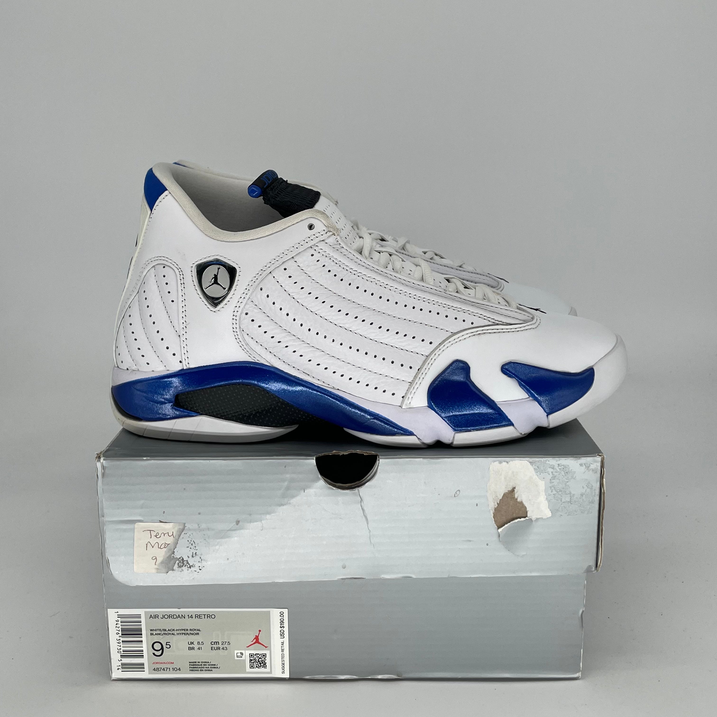 AIR JORDAN 14 Retro Sneakers - White Hyper Royal Basketball Shoes - Men's Size 9.5/Women's 11 - Style Code 487471-104 - Perfect for Streetwear & Court Performance