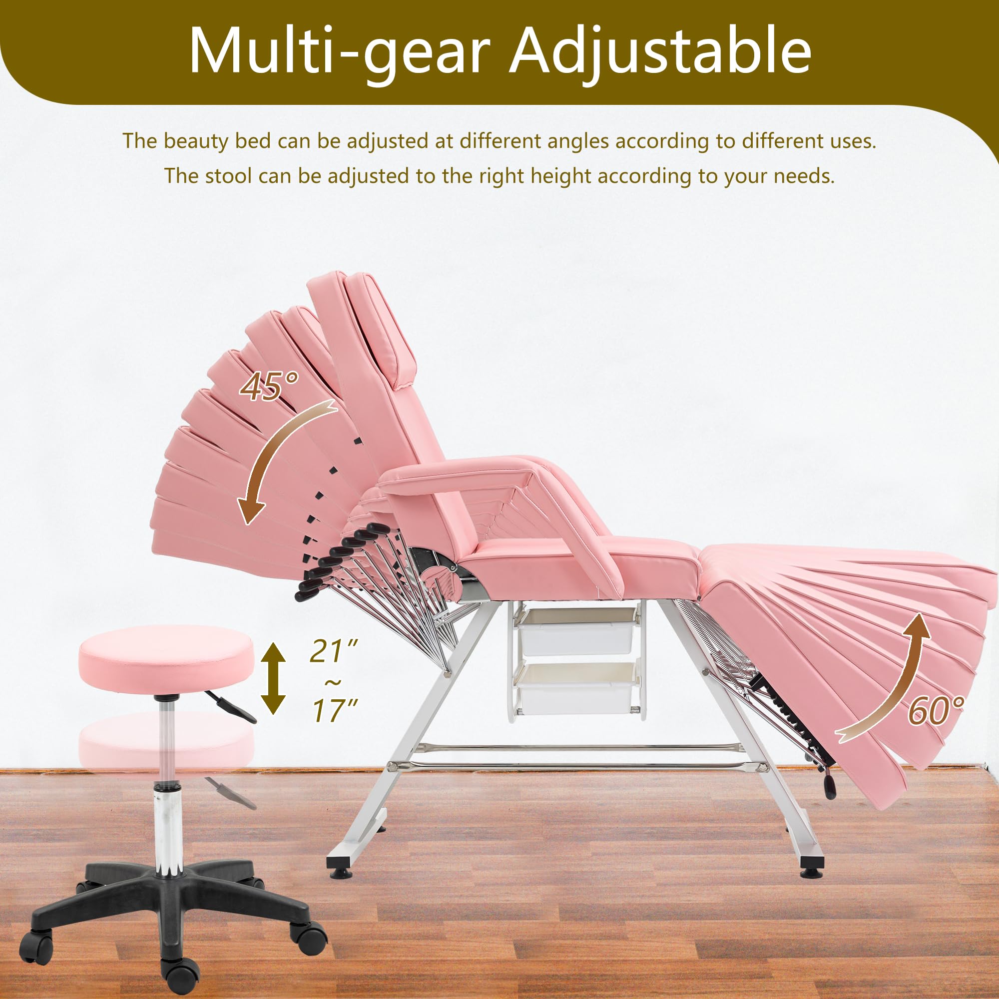 **Hydraulic Massage Bed Tattoo Chair - 3-Section Adjustable Esthetician Salon Facial Bed, Beauty Spa & Barber Chair with Removable Headrest (PU, Pink) - Perfect for Tattoo Studios, Salons & Spas**
