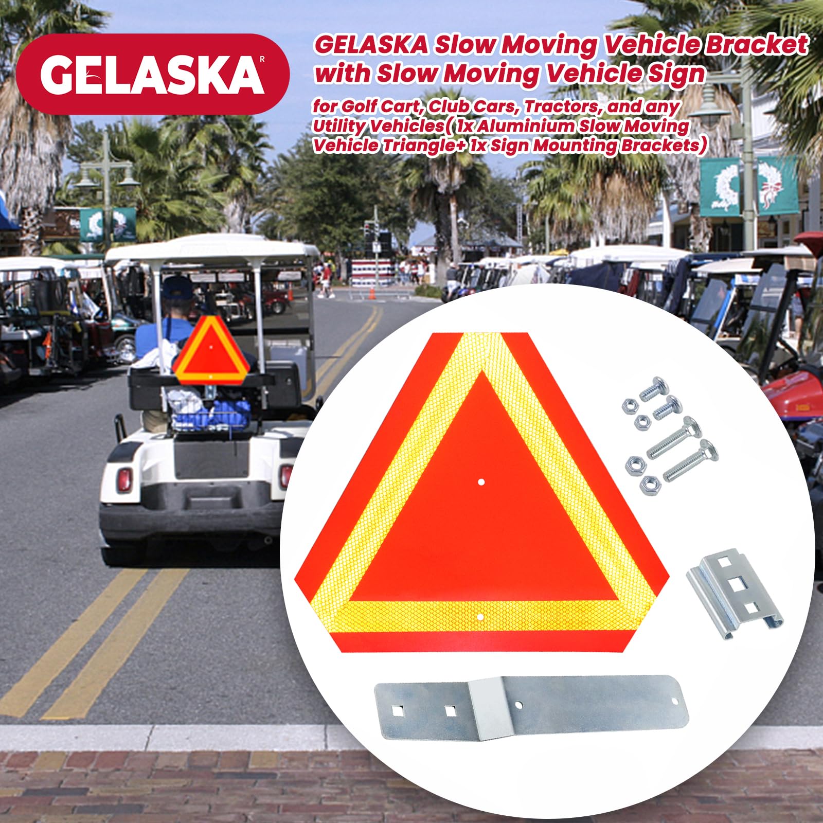 GELASKA Slow Moving Vehicle Sign with Mounting Bracket Kit - Reflective Triangle Safety Sign for Golf Carts, UTVs, Tractors & Horse Carriages - Includes 1 SMV Sign, 1 Bracket, 4 Bolts & Nuts - Perfect for Farm Equipment & Road Safety