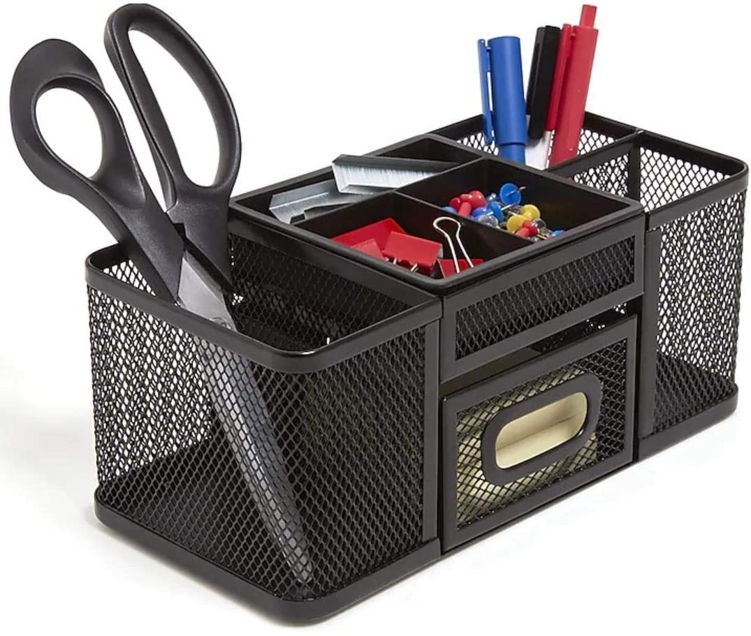 1InTheOffice Desk Organizer - 7-Compartment Wire Mesh Desk Caddy for Office Supplies, Matte Black - Perfect for Pens, Pencils, Scissors & More - Ideal for Home Office, School or Workspace Organization
