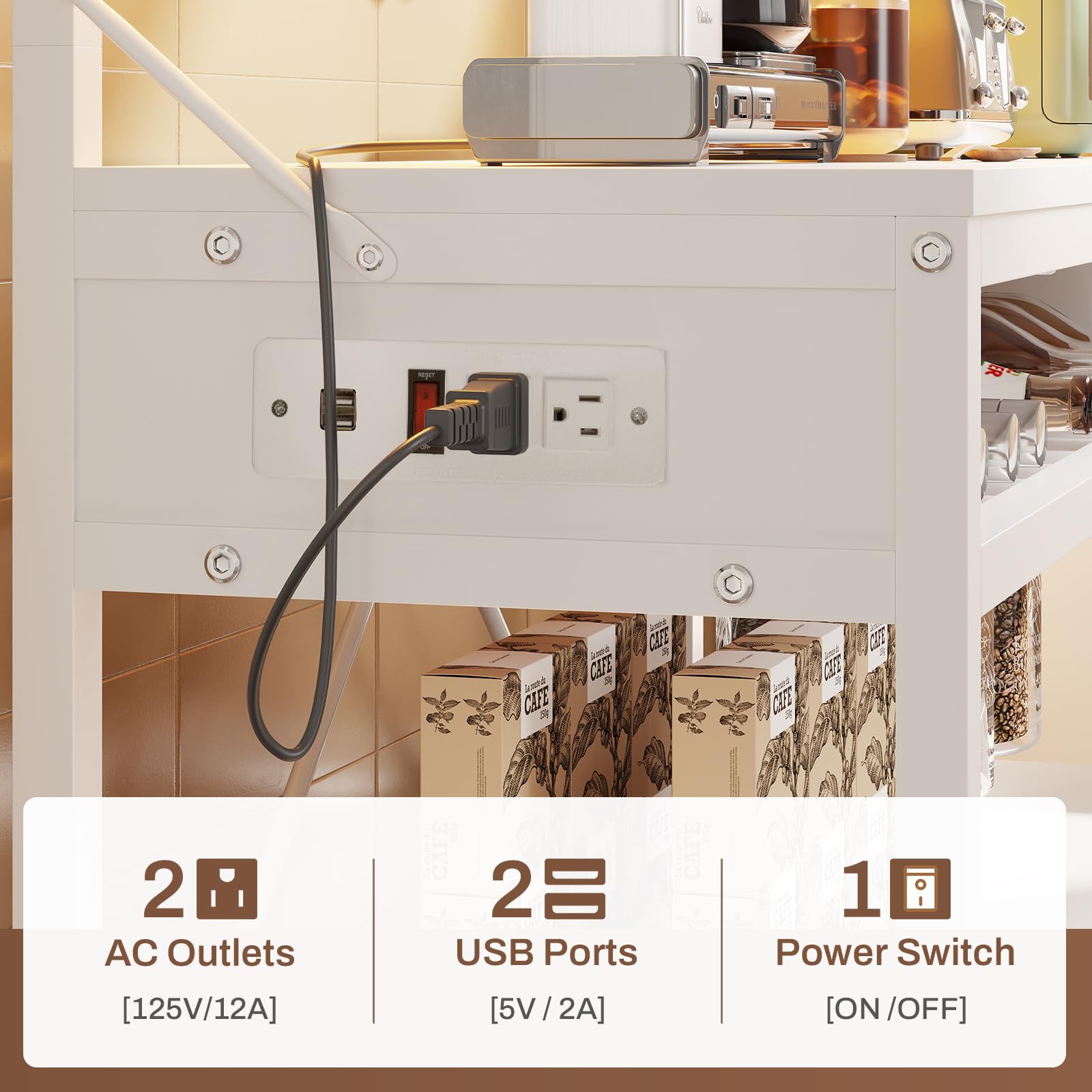6-Tier Itaar Bakers Rack with Power Outlet & LED Lights - Kitchen Coffee Bar, Microwave Stand with Wine Rack & 10 Hooks - White Storage Shelf for Small Spaces, Apartments & Home Organization