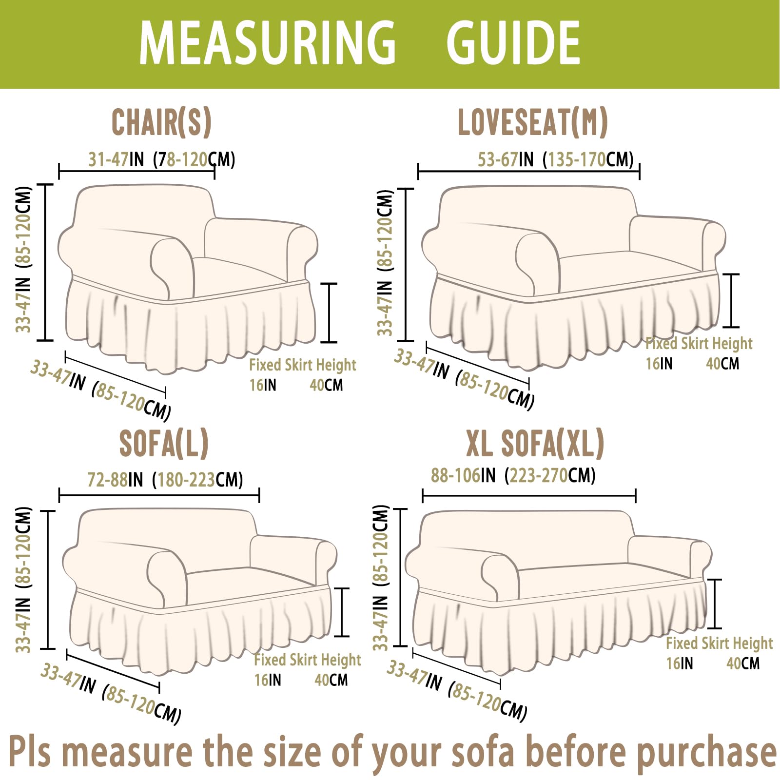 Stretch Sofa Slipcover - Washable Couch Cover for Sofa & Bed - Elastic Bottom & Skirt - Easy Fit Furniture Protector (Beige, XL) - Perfect for Living Room, Home Decor & Pet Protection