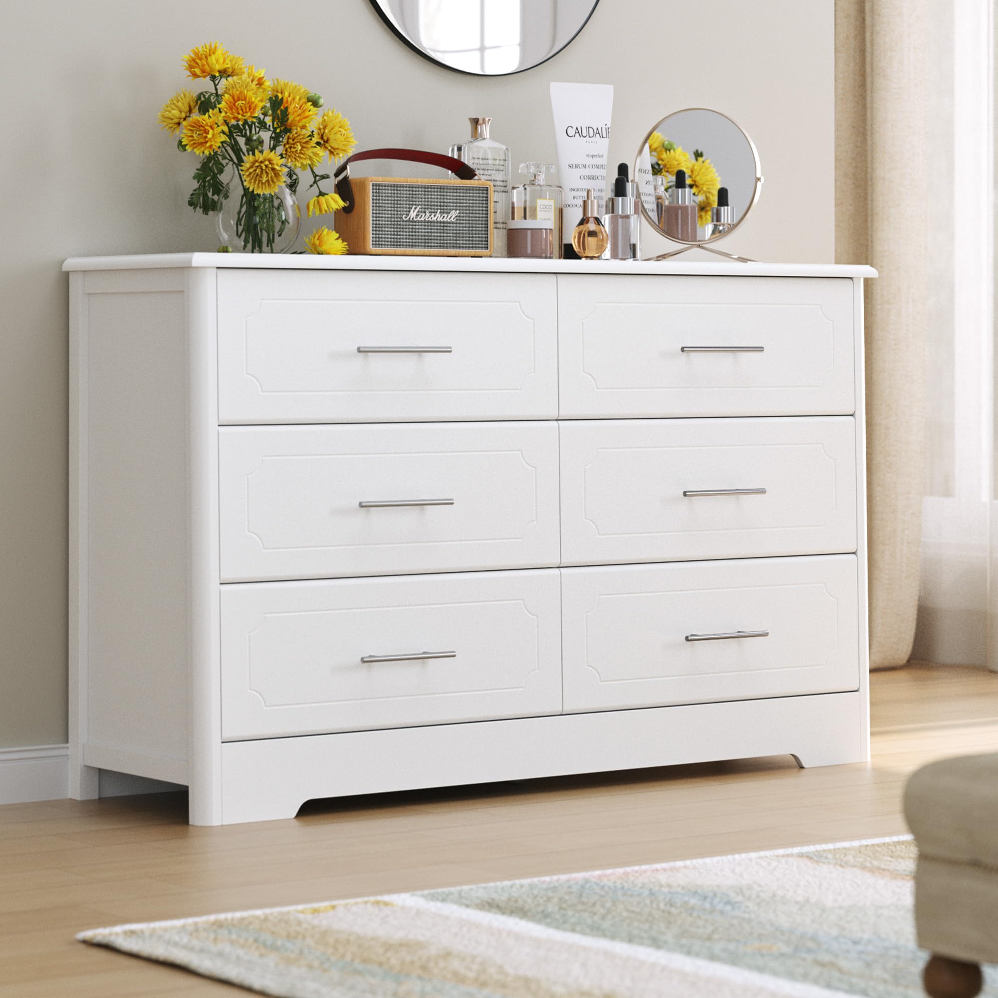 HOSATCK 6-Drawer Dresser - Modern White Wooden Chest of Drawers with Metal Handles, Bedroom Storage Organizer for Clothes, Towels & Linens | Perfect for Master Bedroom, Guest Room & Dormitory (Trapezoid/White)
