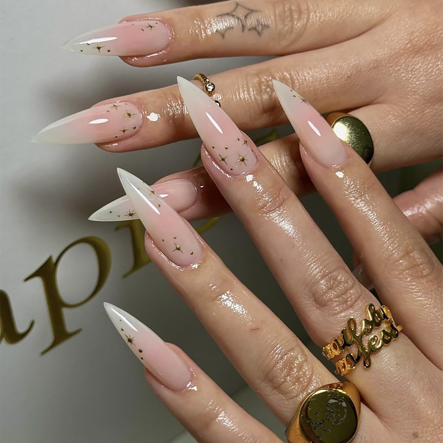 Medium Long Almond Acrylic Fake Nails - Star Design Gradient Stiletto Nude Press On Nails for Women, Full Cover Glue On Artificial Nails for Party, Wedding, Prom & Special Occasions