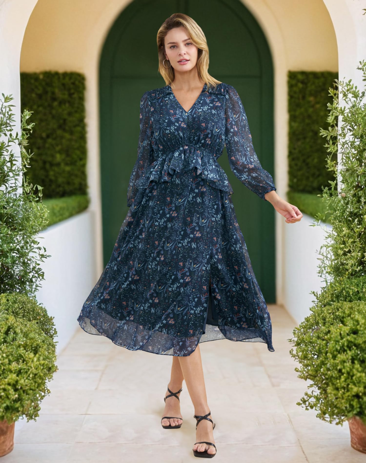 Floral Split Midi Dress for Women - Elegant Long Sleeve Chiffon Dress with Ruffle Details & Pockets | Perfect for Spring Weddings, Bridal Showers, Garden Parties & Formal Events 2025