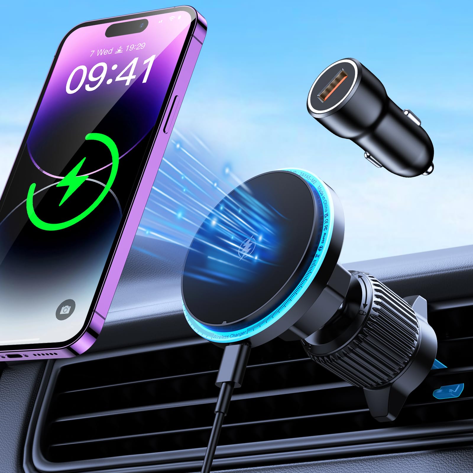 WOCBUY Wireless Car Charger - MagSafe Compatible Fast Charging Phone Mount for iPhone 16/15/14/13/12 Series with Auto-Alignment (Includes QC3.0 Car Charger) | Perfect for Commuting, Road Trips & Hands-Free Driving