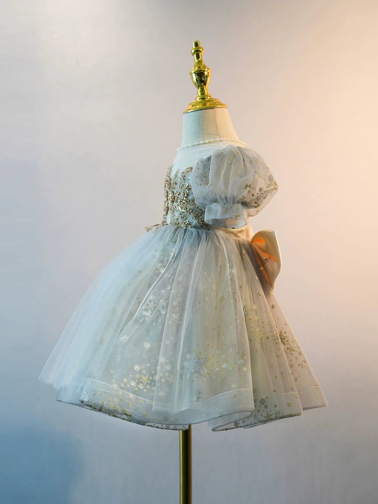 Dusty Blue Princess Round Tea Length Tulle Flower Girl Dress for Weddings & Special Occasions