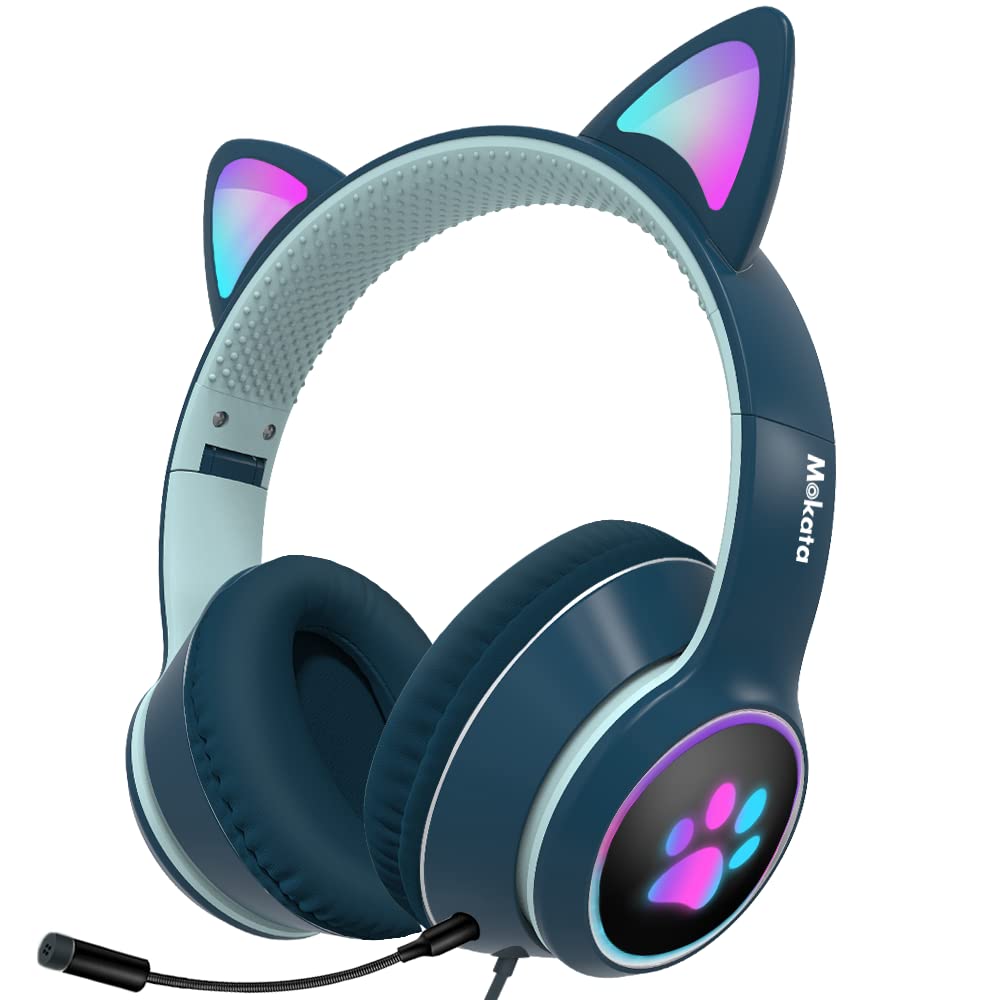 Mokata Gaming Headset with Microphone - 7.1 Surround Sound Wired USB Over-Ear Headphones with LED Lights, Foldable Design for Adults & Kids - Compatible with PC, Laptop, Tablet - Navy Blue H03 - Perfect for Online Gaming, Streaming, and Virtual Meetings