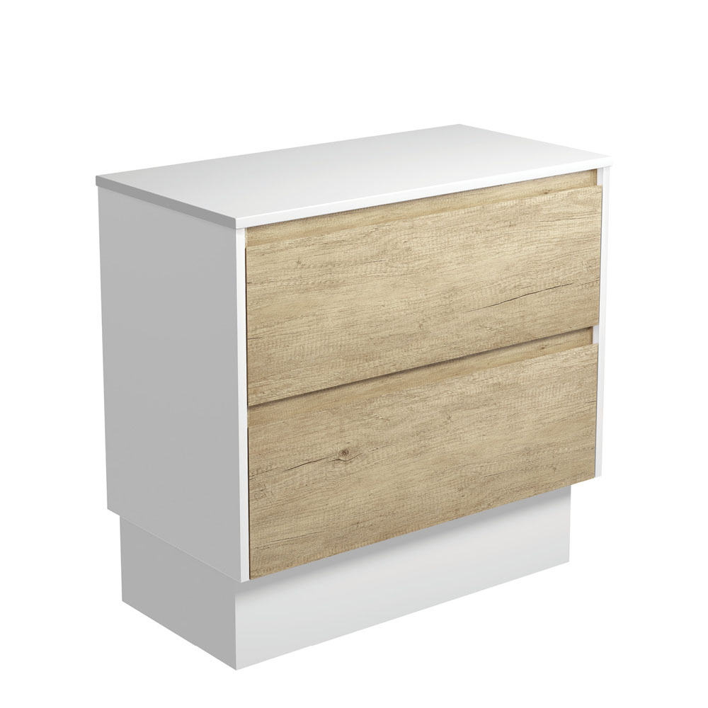 Fienza 90BSWK Amato 900 On Kickboard Kitchen Cabinet - Satin White Panels with Scandi Oak Finish - Modern Base Cabinet for Small Kitchens & Bathroom Vanities (Cabinet Only)