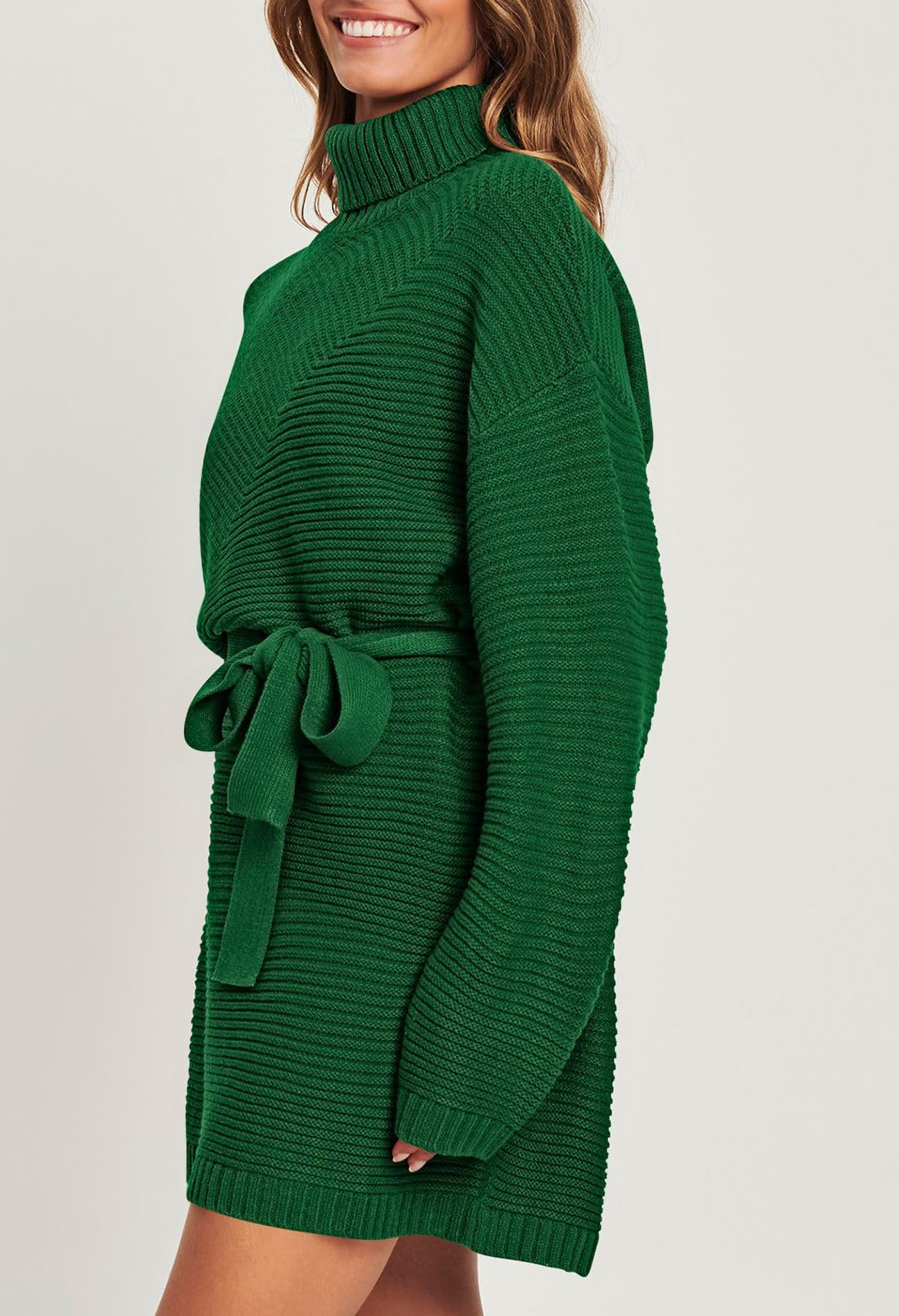 Pink Queen Women's Winter Sweater Dress - Cute High Neck Batwing Sleeve Ribbed Knit Mini Dress with Belt in Green | Cozy Loose Fit for Holiday Parties & Casual Outings