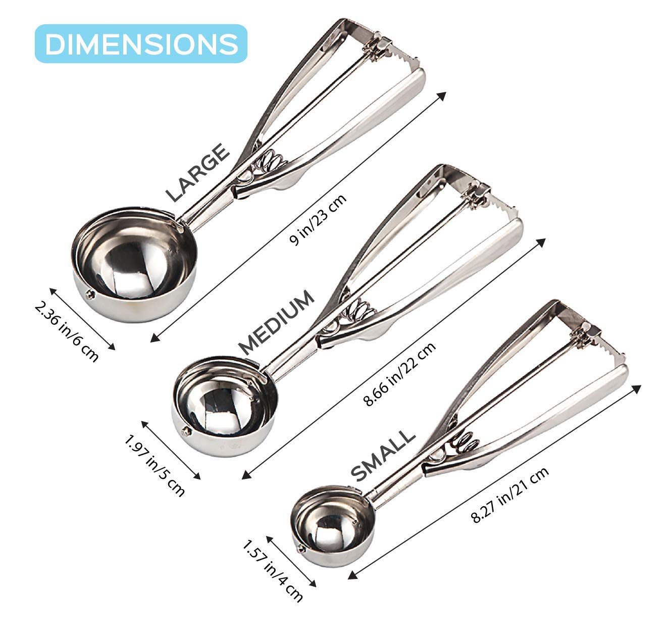 3-Piece Stainless Steel Cookie Scoop Set - Small, Medium & Large Trigger Ice Cream Scoopers for Baking, Durable & Easy Clean Ergonomic Cookie Dough Scoops - Perfect for Home Baking, Ice Cream Parlors & Dessert Shops