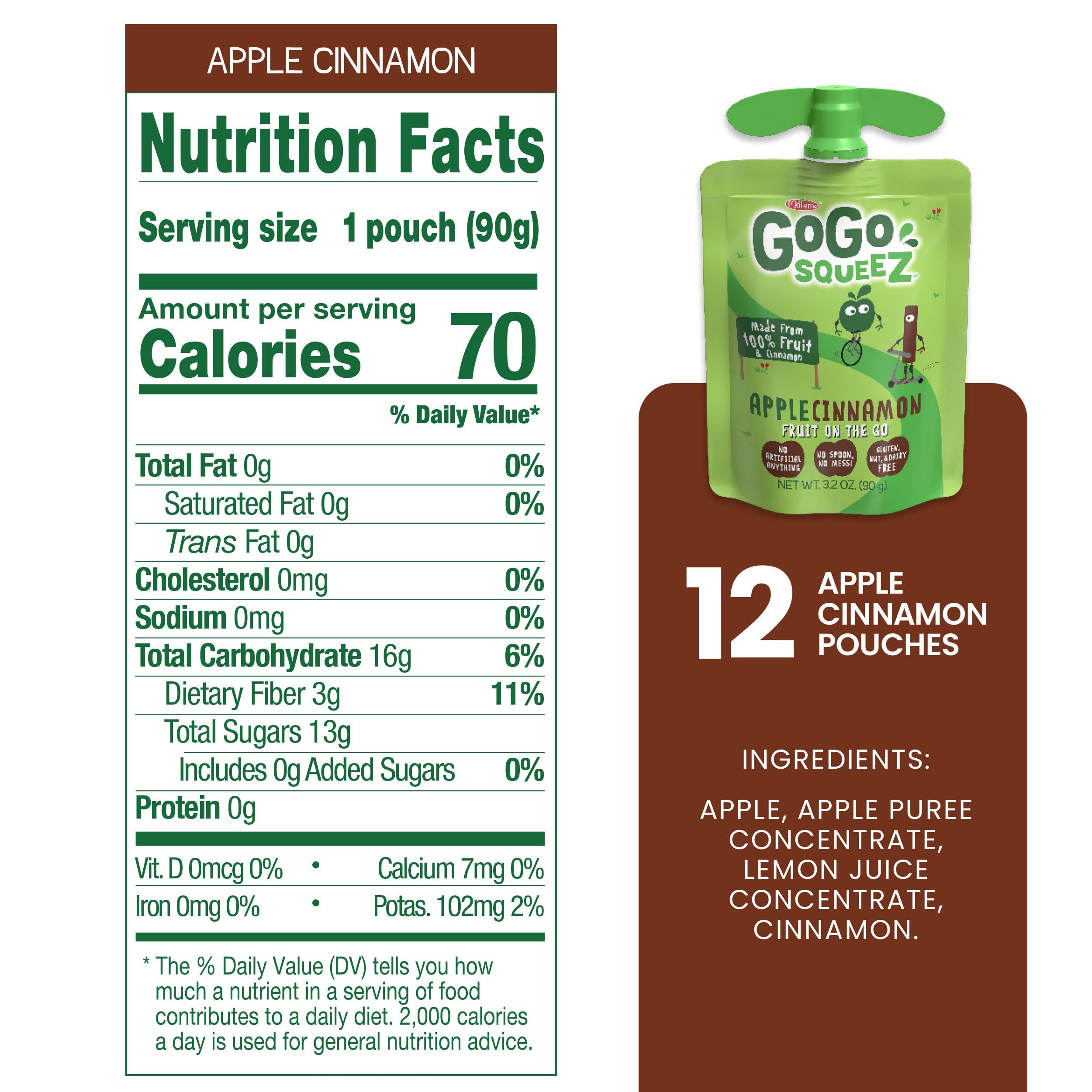 GoGo squeeZ Applesauce and Fruit Puree Pouches - Apple Cinnamon Flavor, 3.2 oz (Pack of 12) | Unsweetened, Gluten Free, Nut Free, Dairy Free Kids Snacks | BPA Free with Recloseable Cap | Perfect for School Lunches, Road Trips and Healthy On-the-Go Snacking