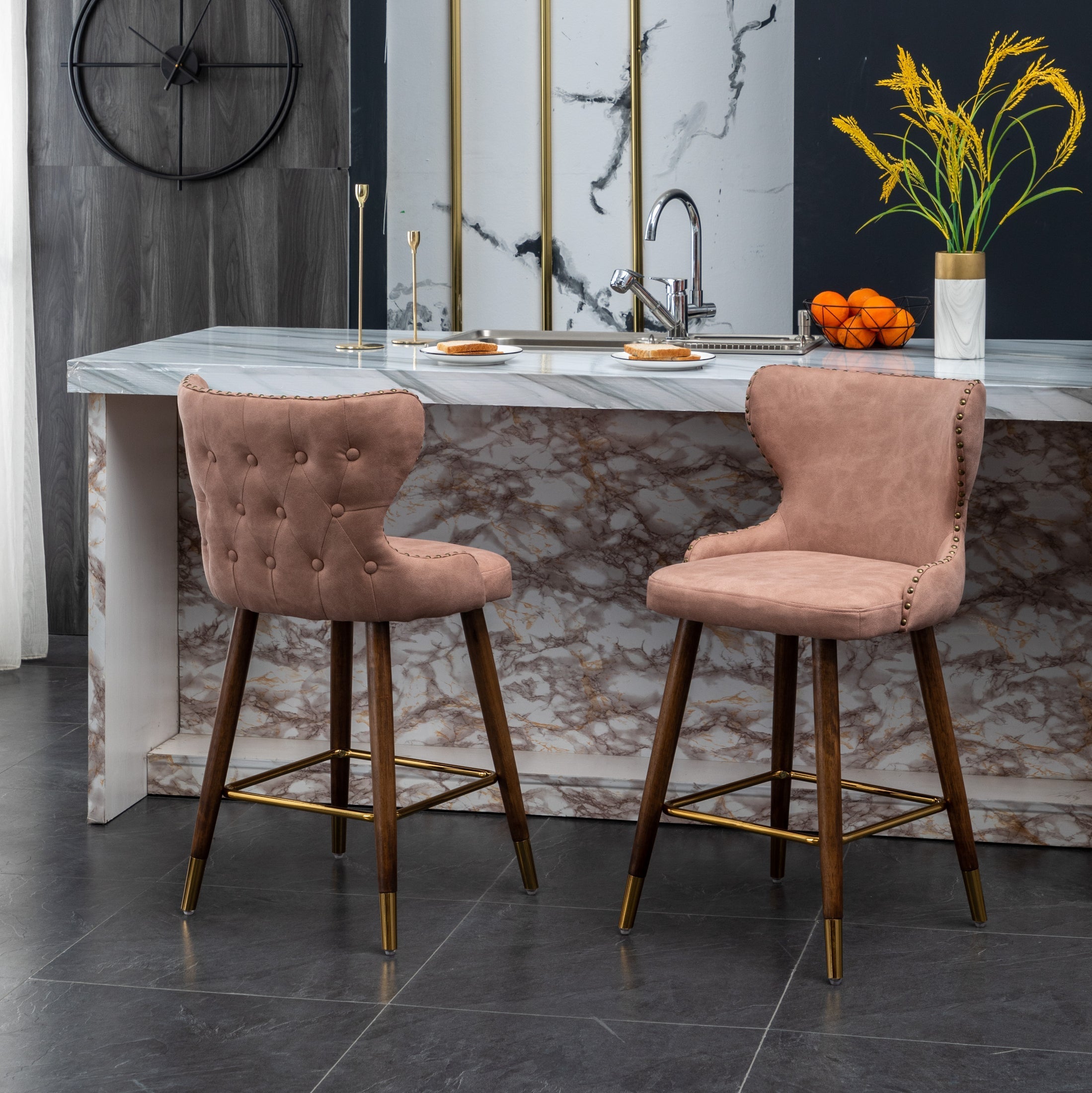 Roundhill Furniture Nevis Mid-Century Modern Faux Leather Tufted Counter Stool with Nailhead Trim - Set of 2, Pink - Perfect for Kitchen Islands, Breakfast Bars & Home Decor