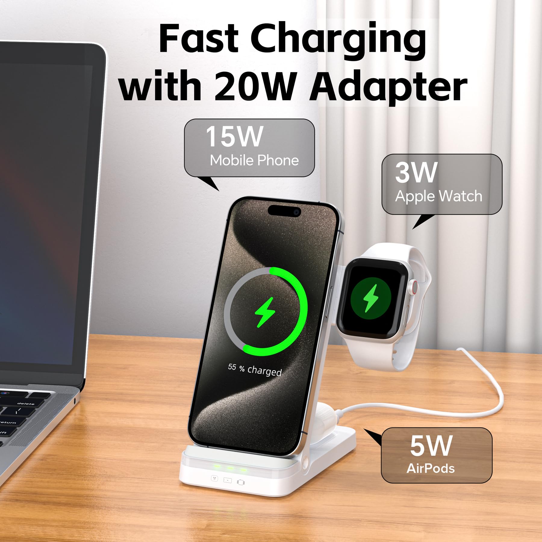 3-in-1 Foldable Fast Wireless Charger for iPhone 15/14/13/12/11 Pro Max/XS/XR/8 Plus, Apple Watch Series 9/8/7/6/5/4/3/2/SE & AirPods Pro 3/2 - Multi-Device Charging Station (White) | Perfect for Home, Office & Travel Use