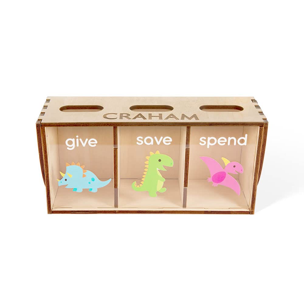Dinosaur Wooden Piggy Bank for Kids - Large Capacity Coin Money Box with 3 Compartments, Engraving Name & Decorative Patterns | Fun Savings Gift for Boys & Girls (Christmas, Birthday, Toddler) - Perfect for Teaching Money Management & Room Decor