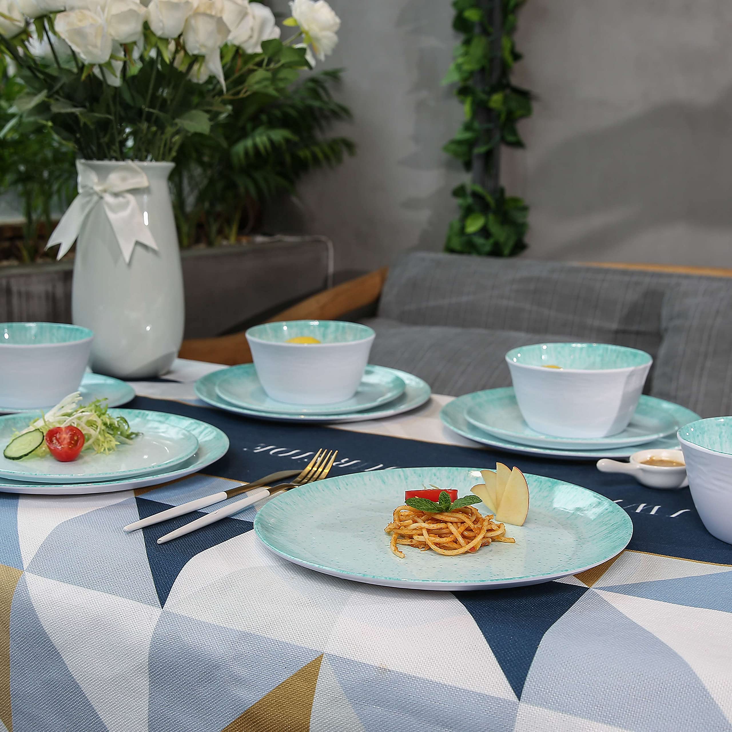 12-Piece Melamine Dinnerware Set - Durable Plates & Bowls for 4, Turquoise with Spot Design - Perfect for Outdoor Dining, Picnics, and Pool Parties