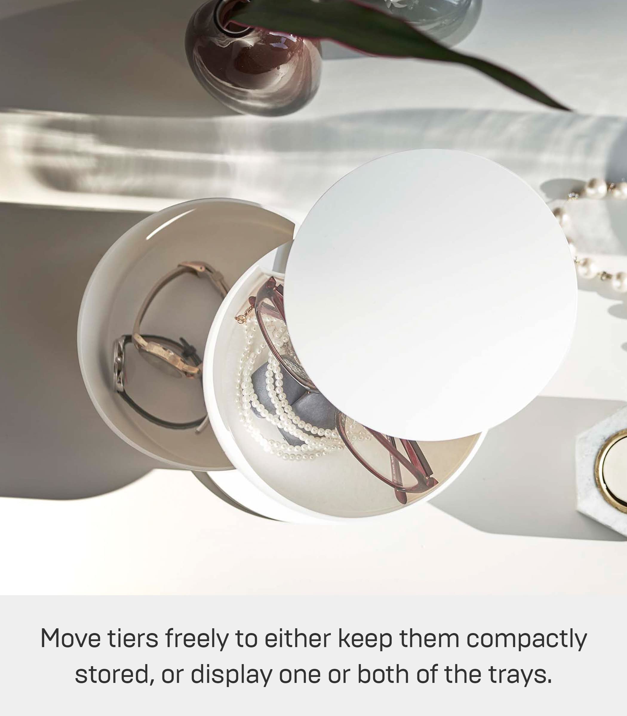 Yamazaki Home White ABS Plastic Rotating Jewelry Organizer - Stackable Tower Storage Box for Earrings, Watches, Glasses & Accessories Display - Perfect for Bedroom Vanity, Closet Organization & Gift Giving