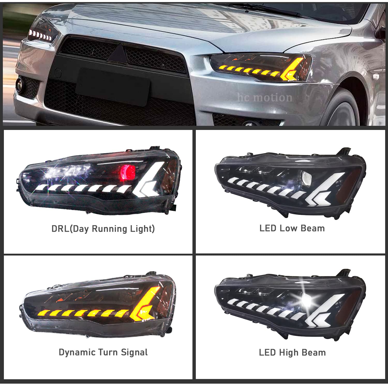 HCMOTIONZ HCmotion LED Headlights & Tail Lights for Mitsubishi Lancer EVO X 2008-2020 - Clear/Amber Demon Eye with Smoke Lens, DRL Startup Animation & Sequential Turn Signals - Upgrade for Night Driving & Car Shows