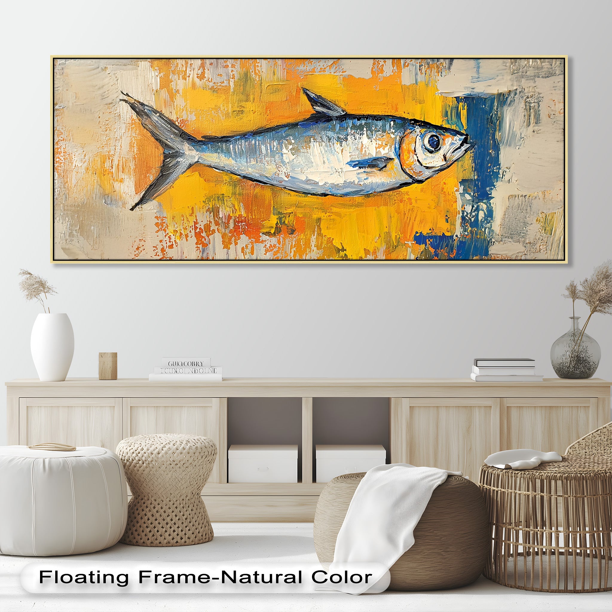 Blue Fish on Vibrant Yellow Background Animal Oil Painting - Handmade Wall Art Decor for Living Room, Bedroom & Office