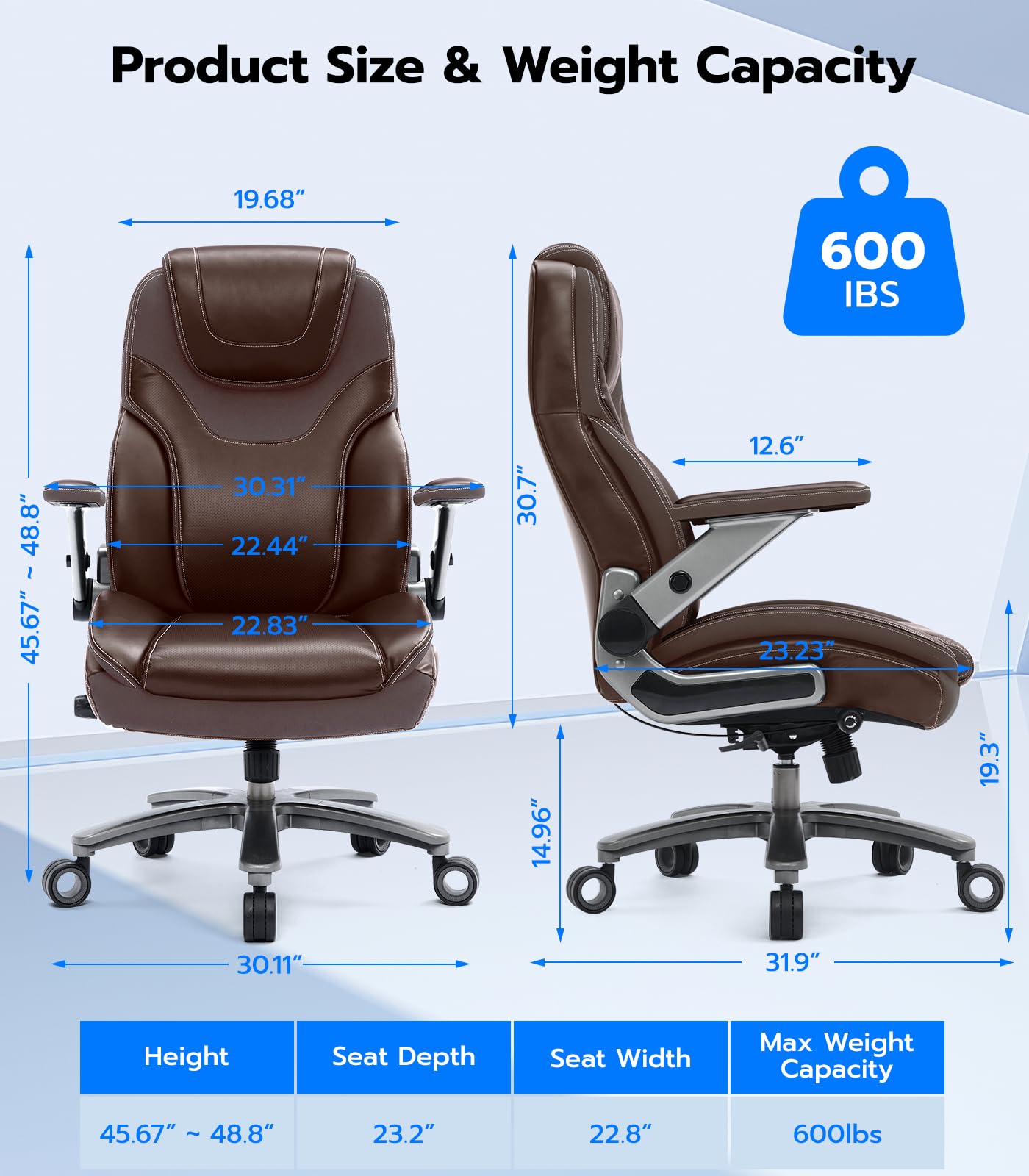 Big and Tall Office Chair with 5D Adjustable Arms - 600lbs Heavy Duty Ergonomic Executive Chair with Adjustable Lumbar Support - Fabric & PU Leather Managerial Chair (Maple Brown) - Perfect for Home Office, Gaming, and Professional Workspaces