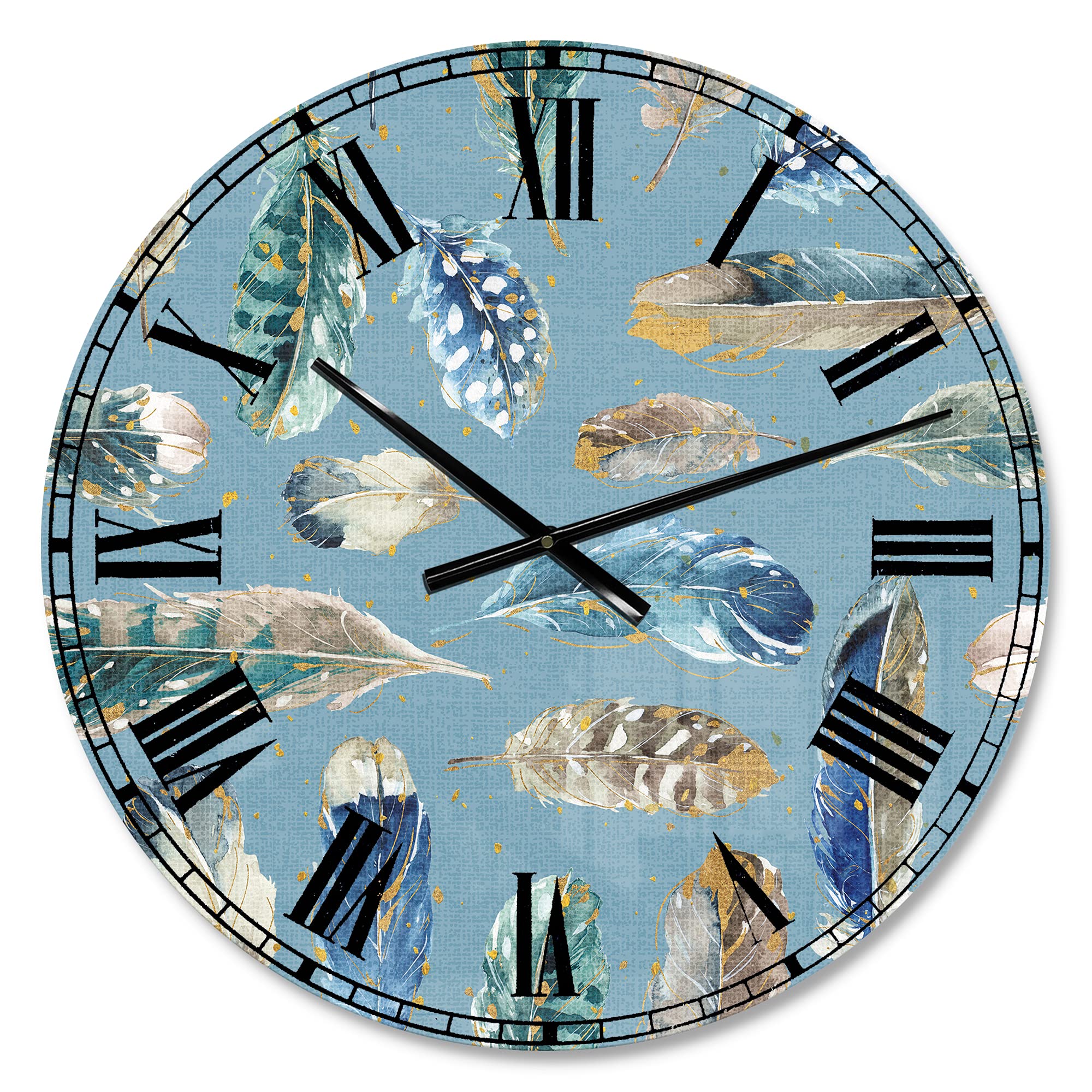 DesignQ Traditional Wall Clock - Indigold Feathers Turquoise Pattern - Large Decorative Clock for Office, Living Room & Bedroom - Perfect for Home & Office Décor